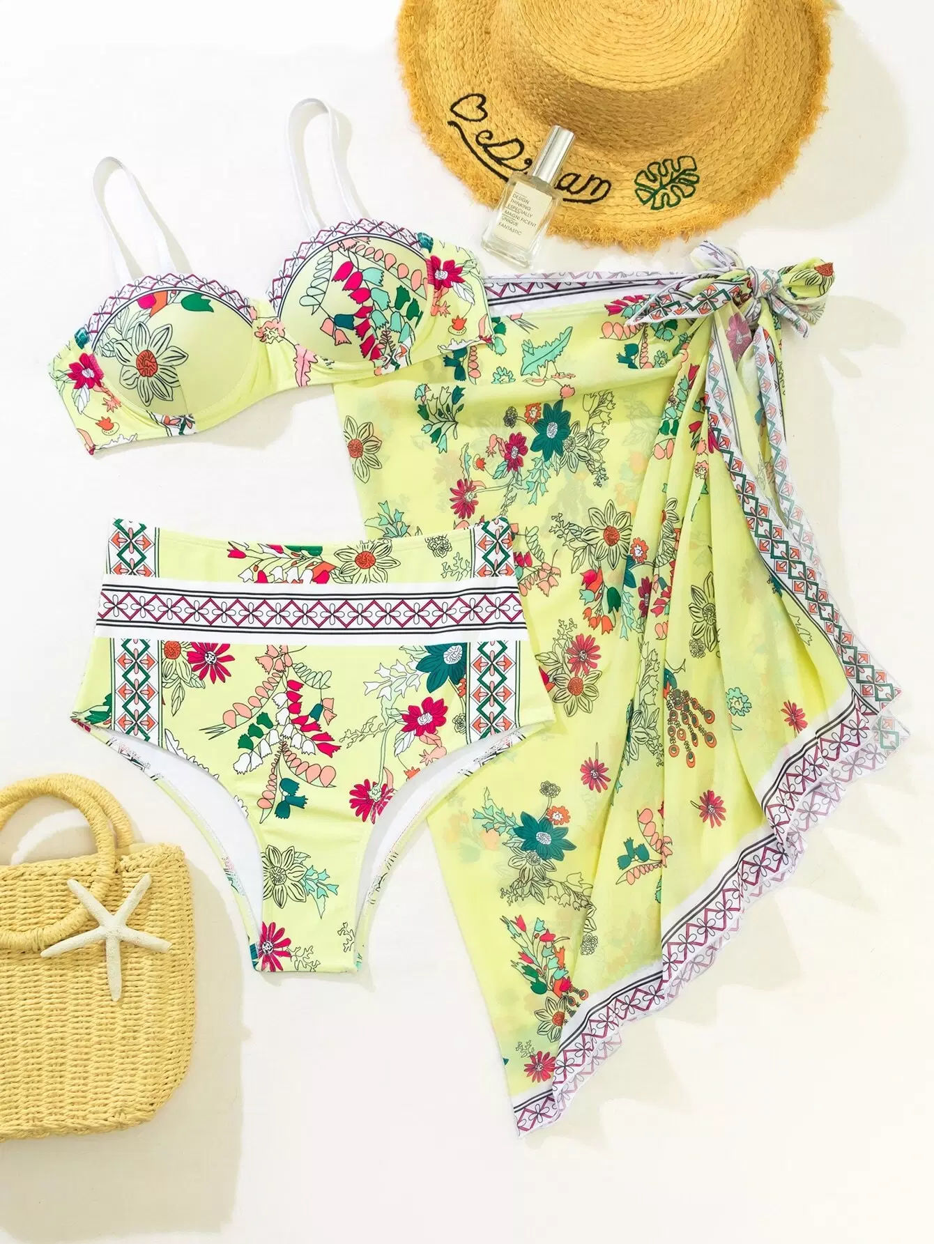 3pack Floral Push Up Bikini Swimsuit & Beach Skirt - Image 4