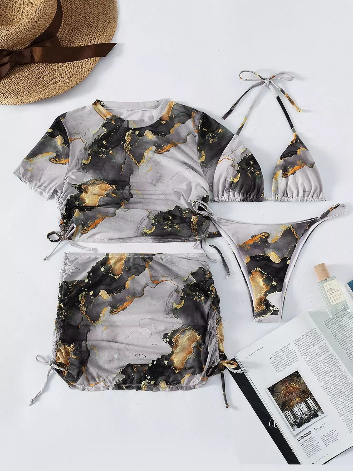 4pack Marble Print Bikini Swimsuit & Cover Up Set - Image 7