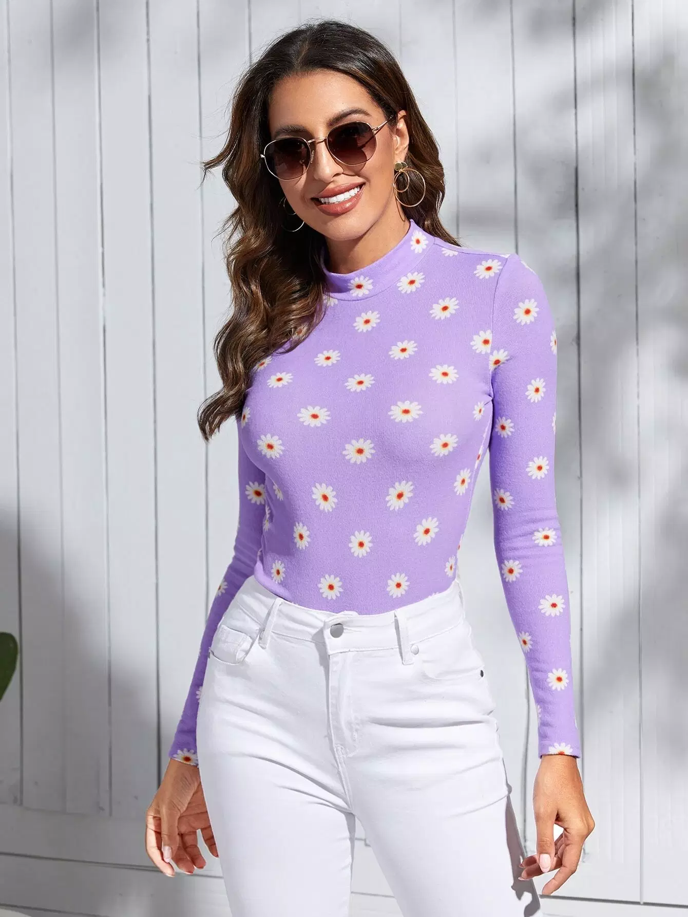 Allover Floral Print Mock Neck Tee - Image 3