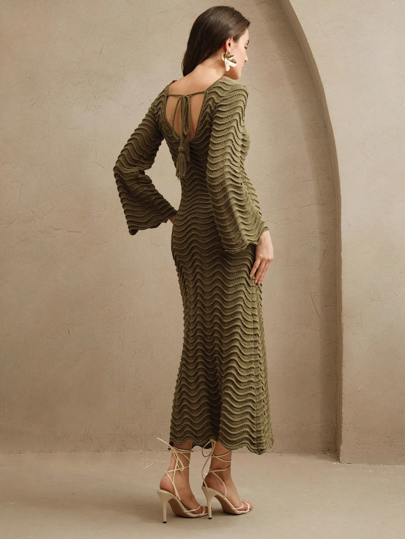 Anewsta Solid Color Sexy Knitted Hollow Wave Flare Sleeve Beach Dress - Image 5