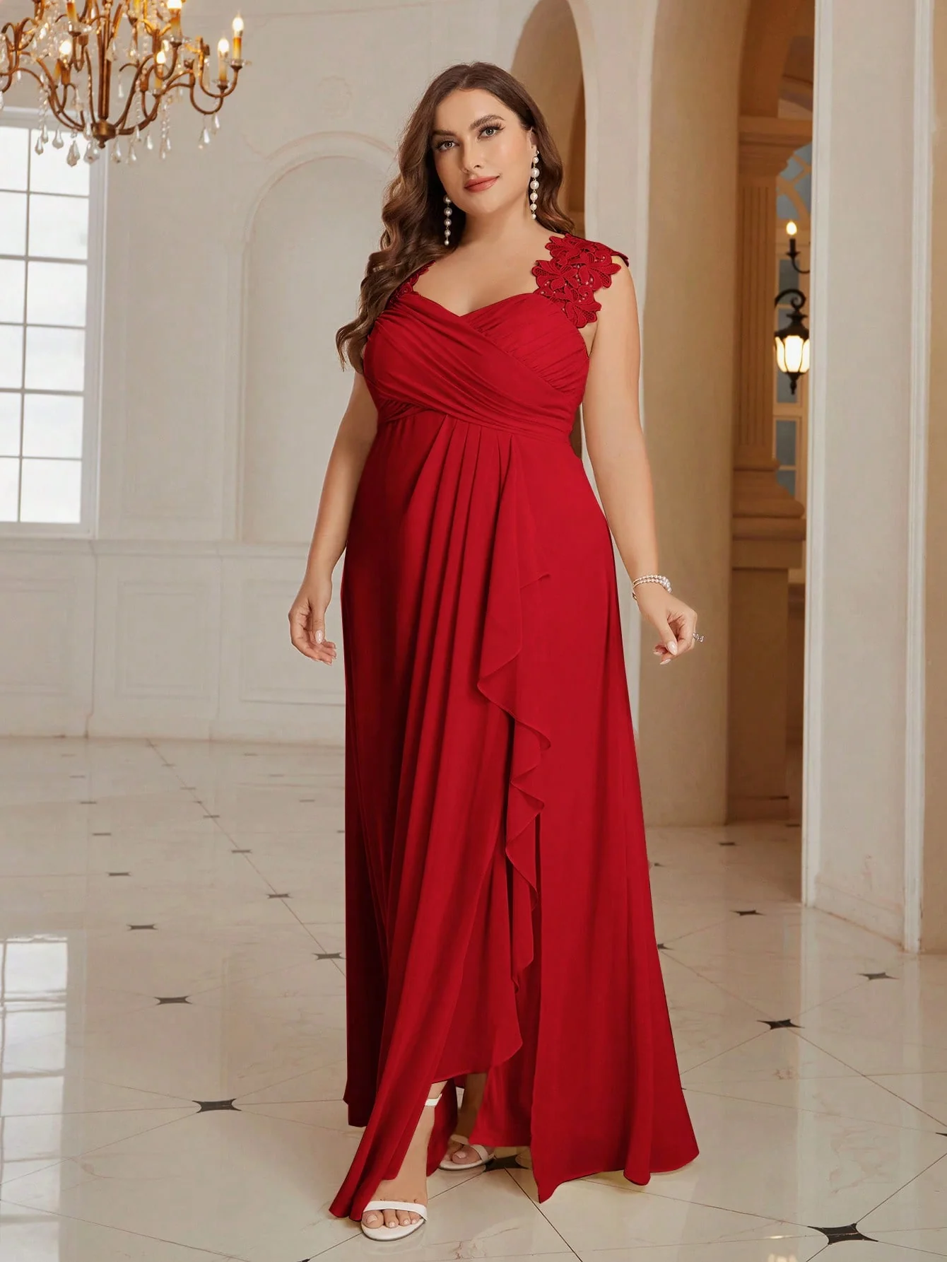 Belle Plus Size Solid Color Women's Draped Split Formal Evening Party Dress - Image 3