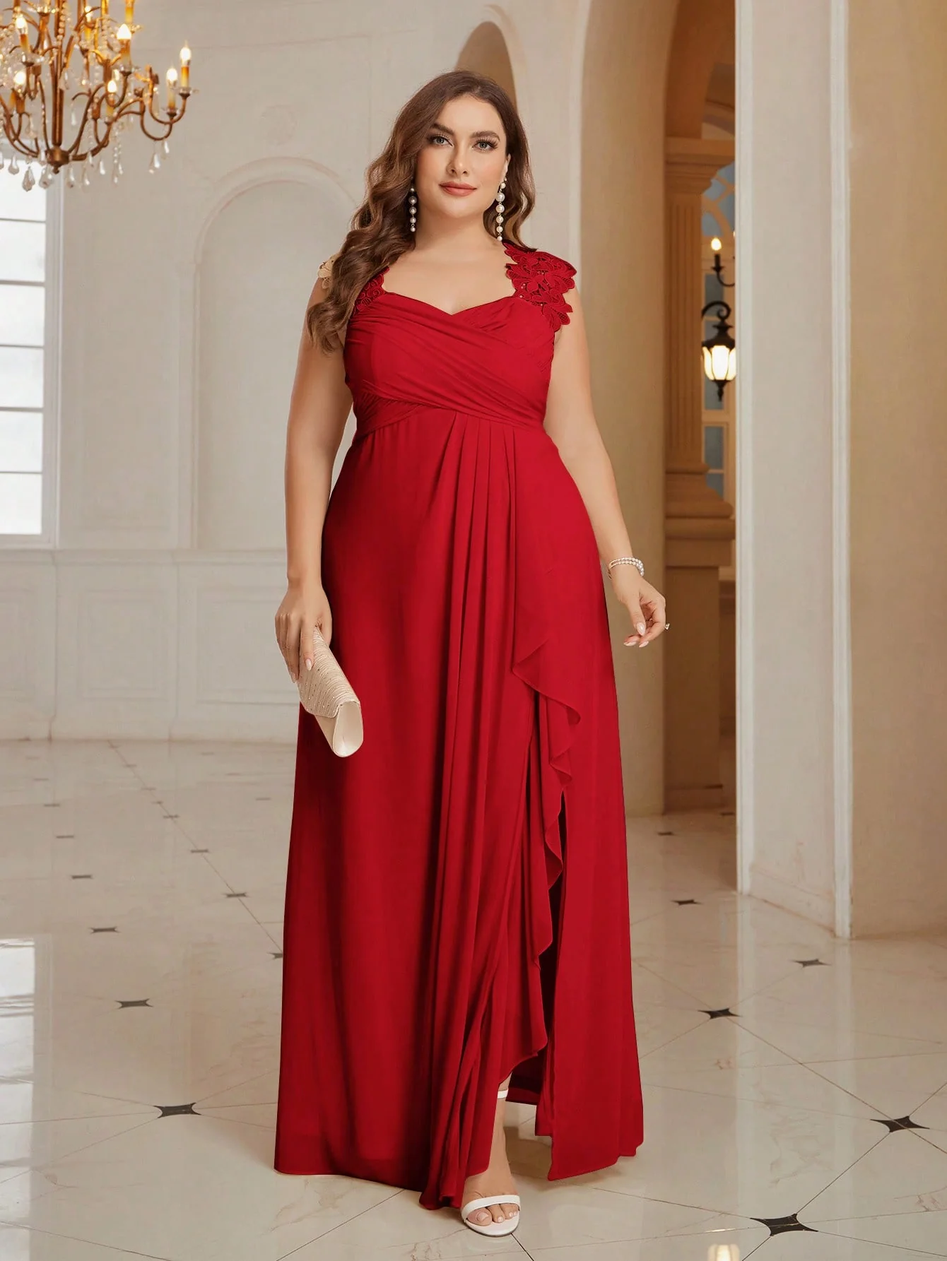 Belle Plus Size Solid Color Women's Draped Split Formal Evening Party Dress - Image 4