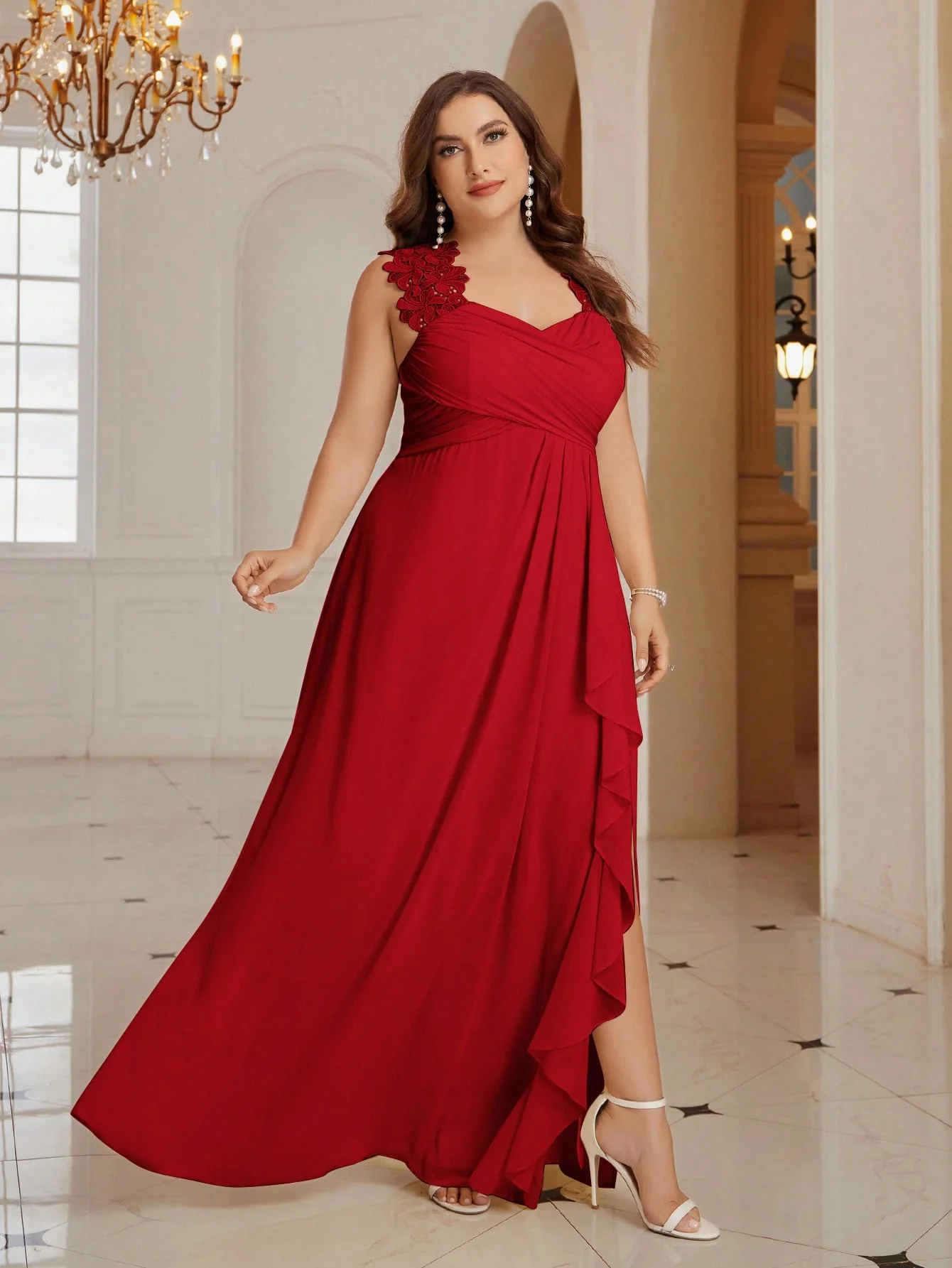 Belle Plus Size Solid Color Women's Draped Split Formal Evening Party Dress - Image 5