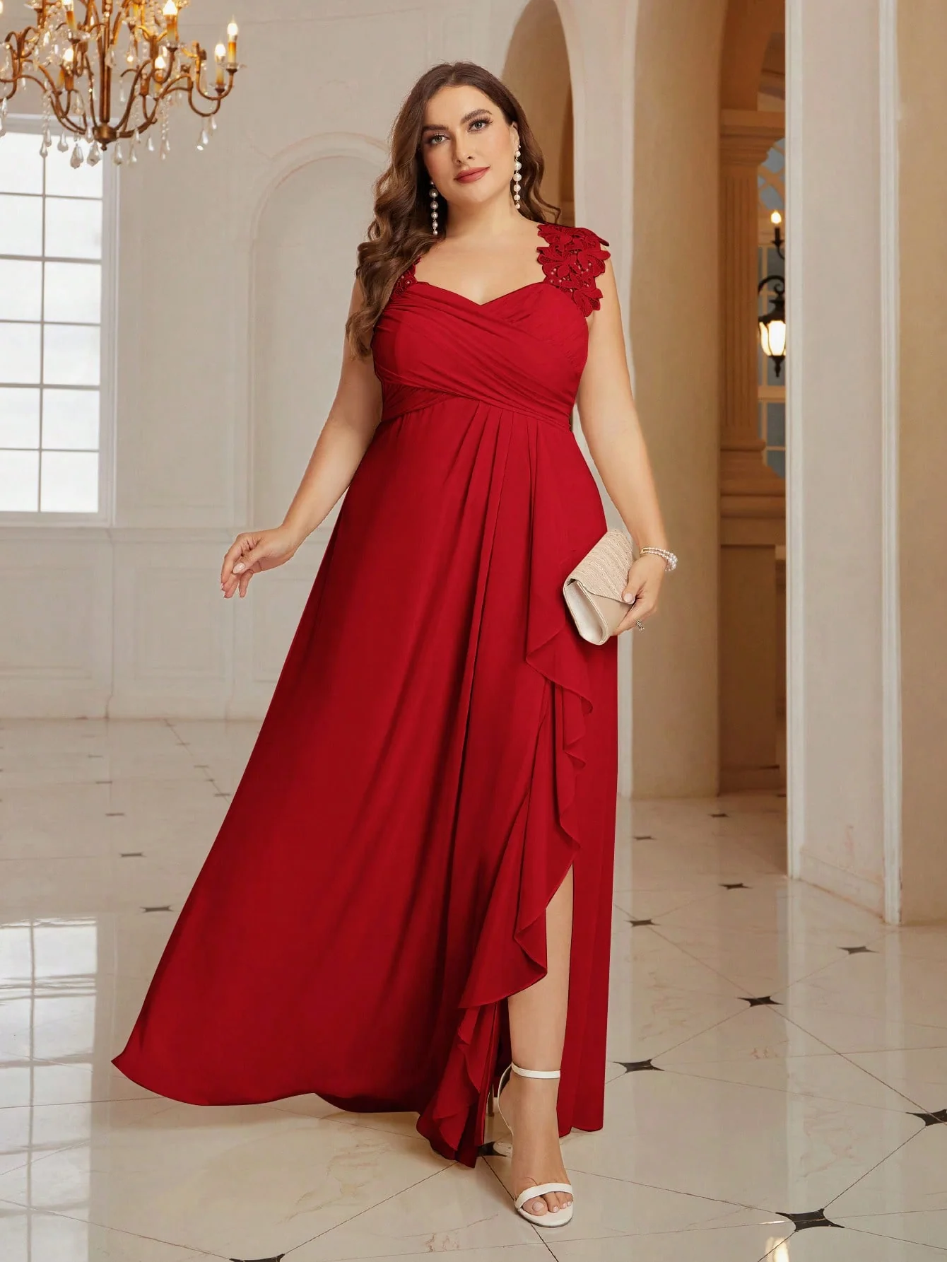 Belle Plus Size Solid Color Women's Draped Split Formal Evening Party Dress - Image 6