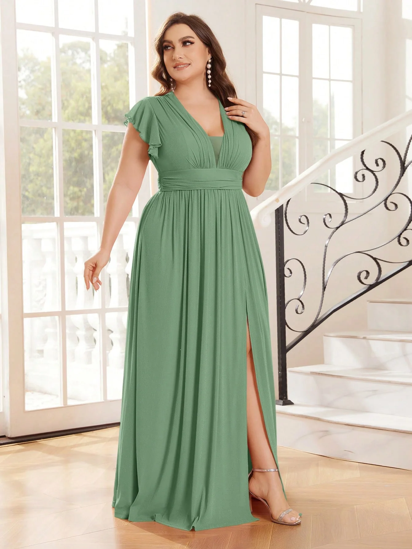 Belle Plus Size V Neck Shiny Silver Fabric Large Swing Dress - Image 5