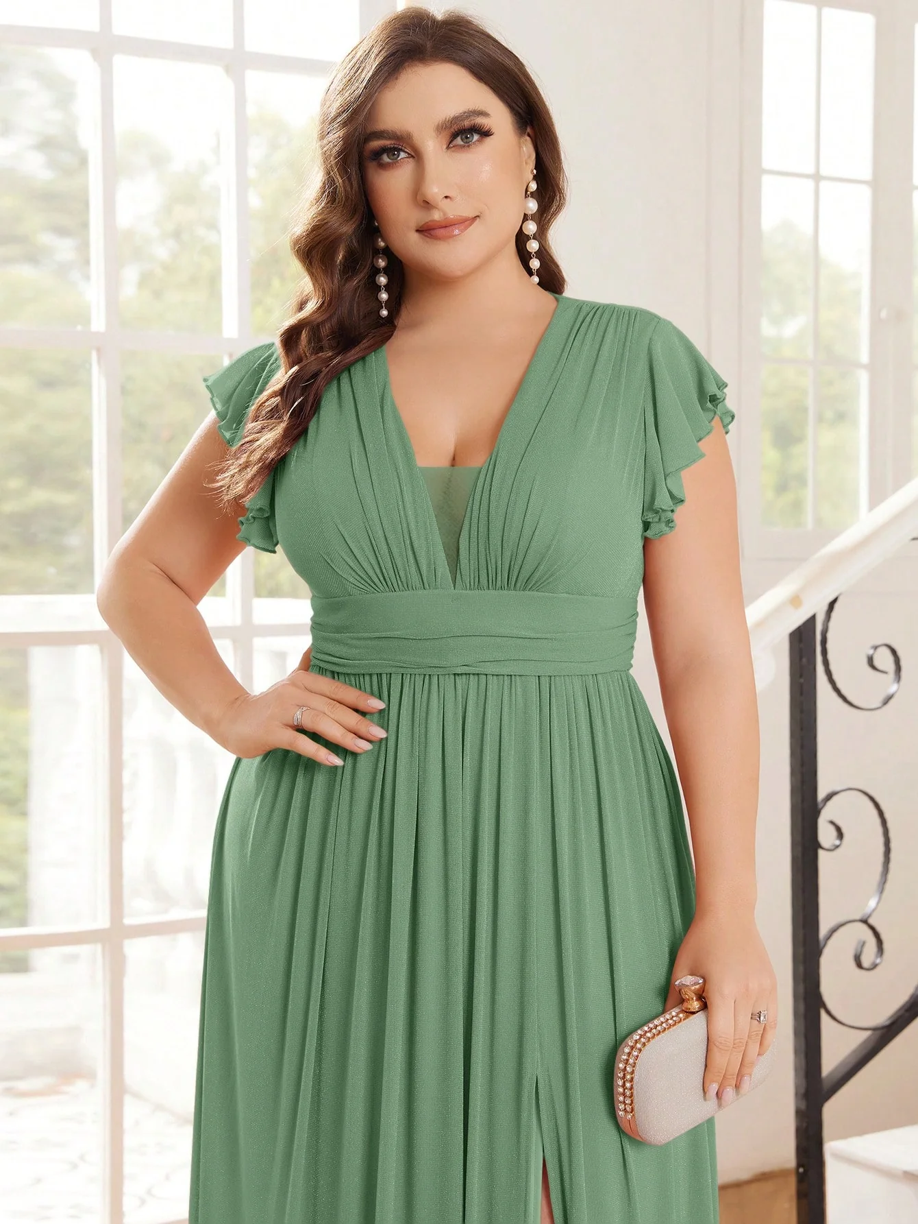 Belle Plus Size V Neck Shiny Silver Fabric Large Swing Dress - Image 7