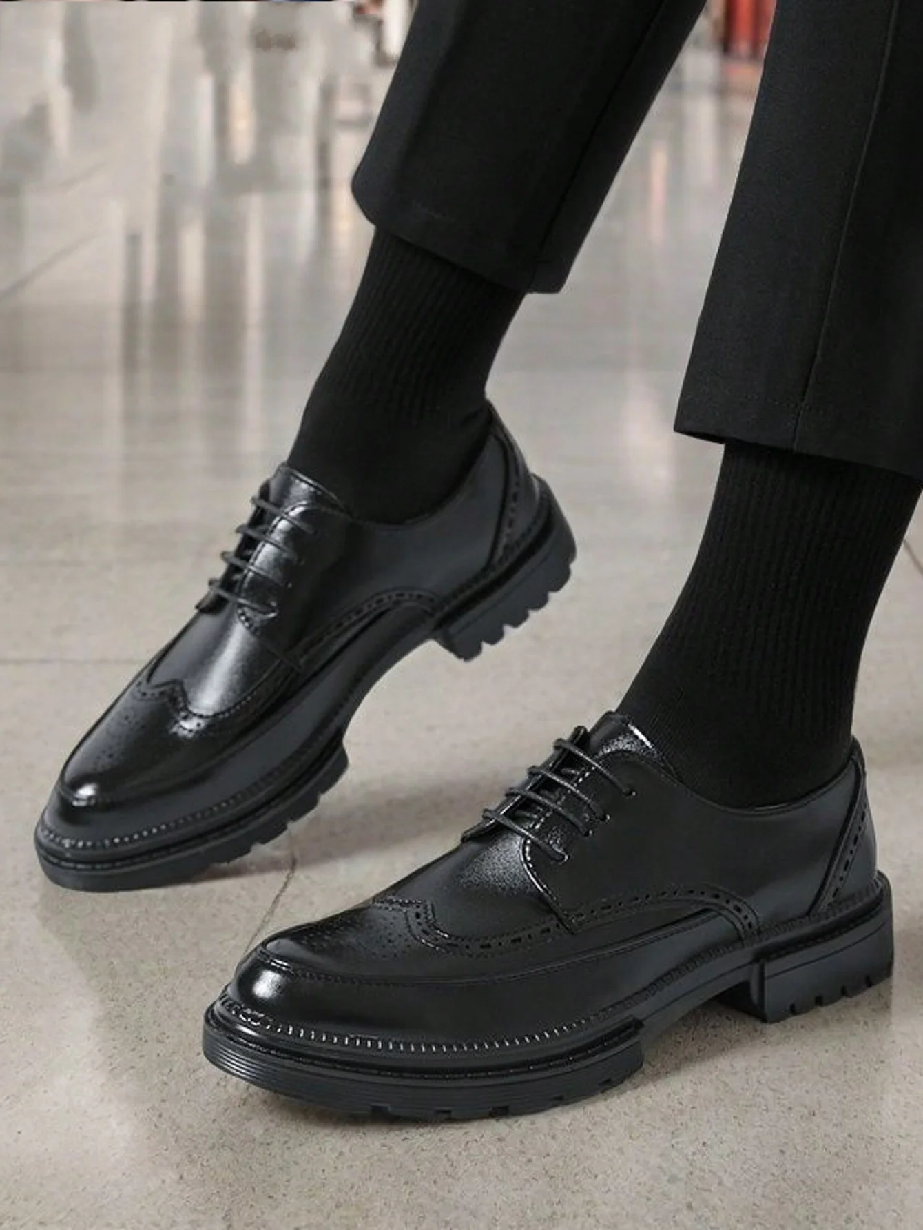 Black Wingtip Brogue Leather Formal Dress Oxfords Shoes For Men - Image 3