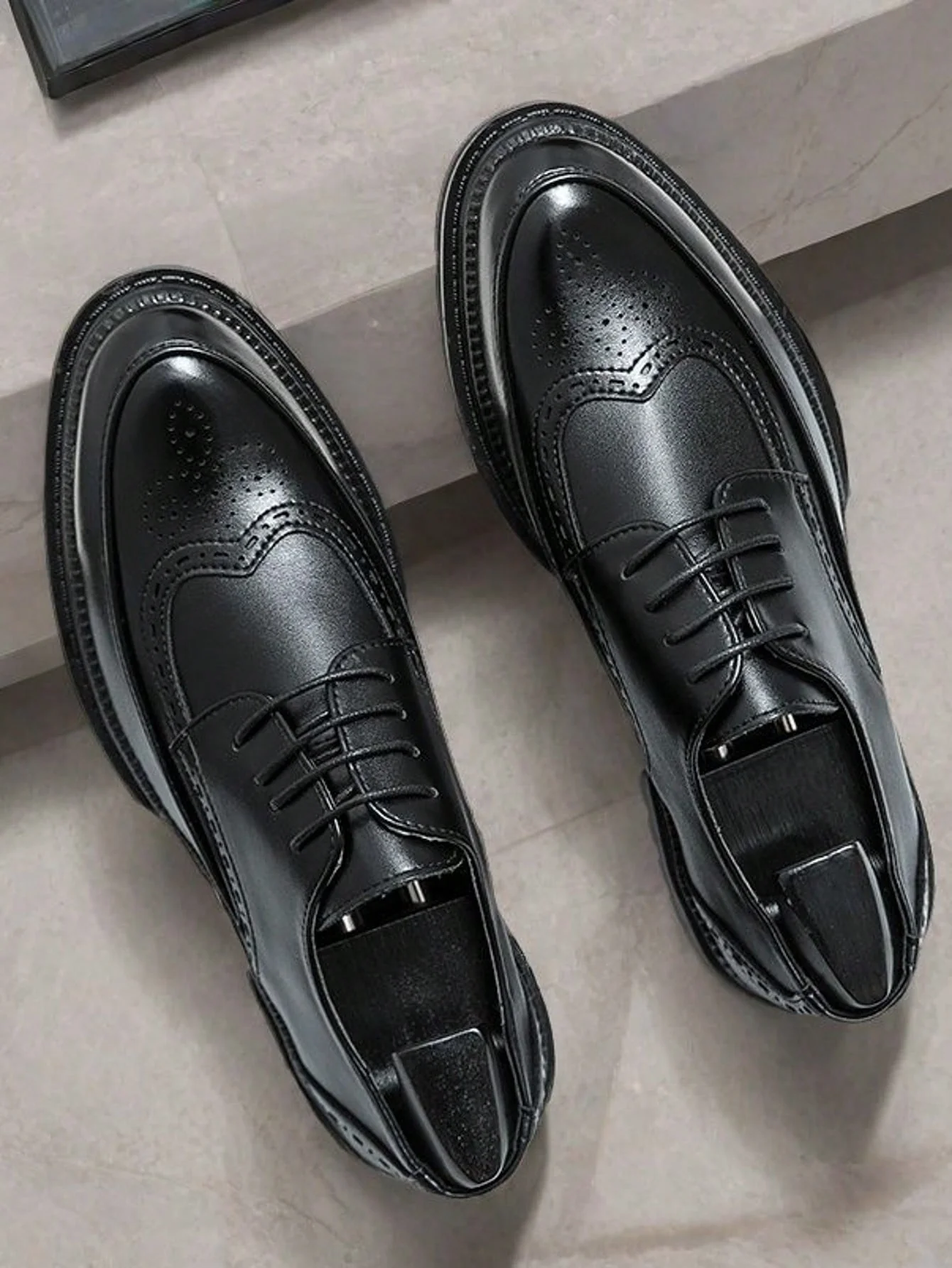 Black Wingtip Brogue Leather Formal Dress Oxfords Shoes For Men - Image 6