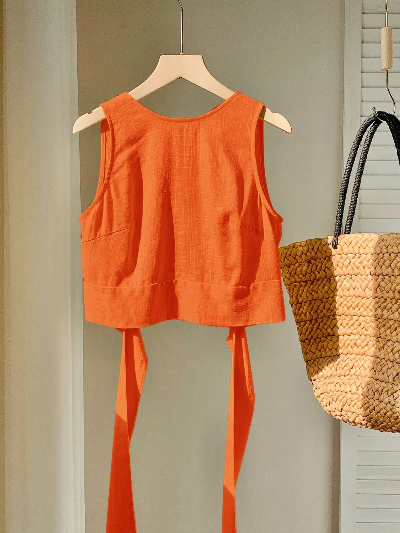 Comfortcana Summer Light Pink & Orange Women's Linen Backless Tie Casual Vacation Tank Top - Image 3