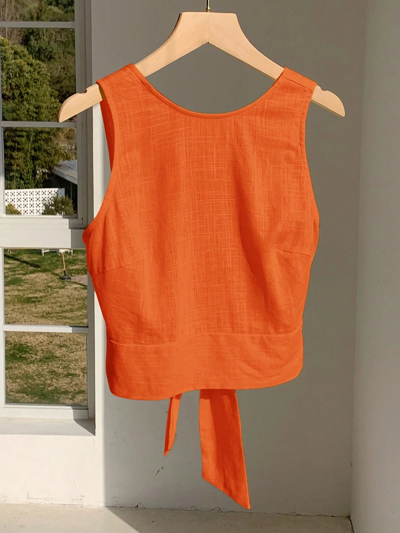 Comfortcana Summer Light Pink & Orange Women's Linen Backless Tie Casual Vacation Tank Top - Image 4