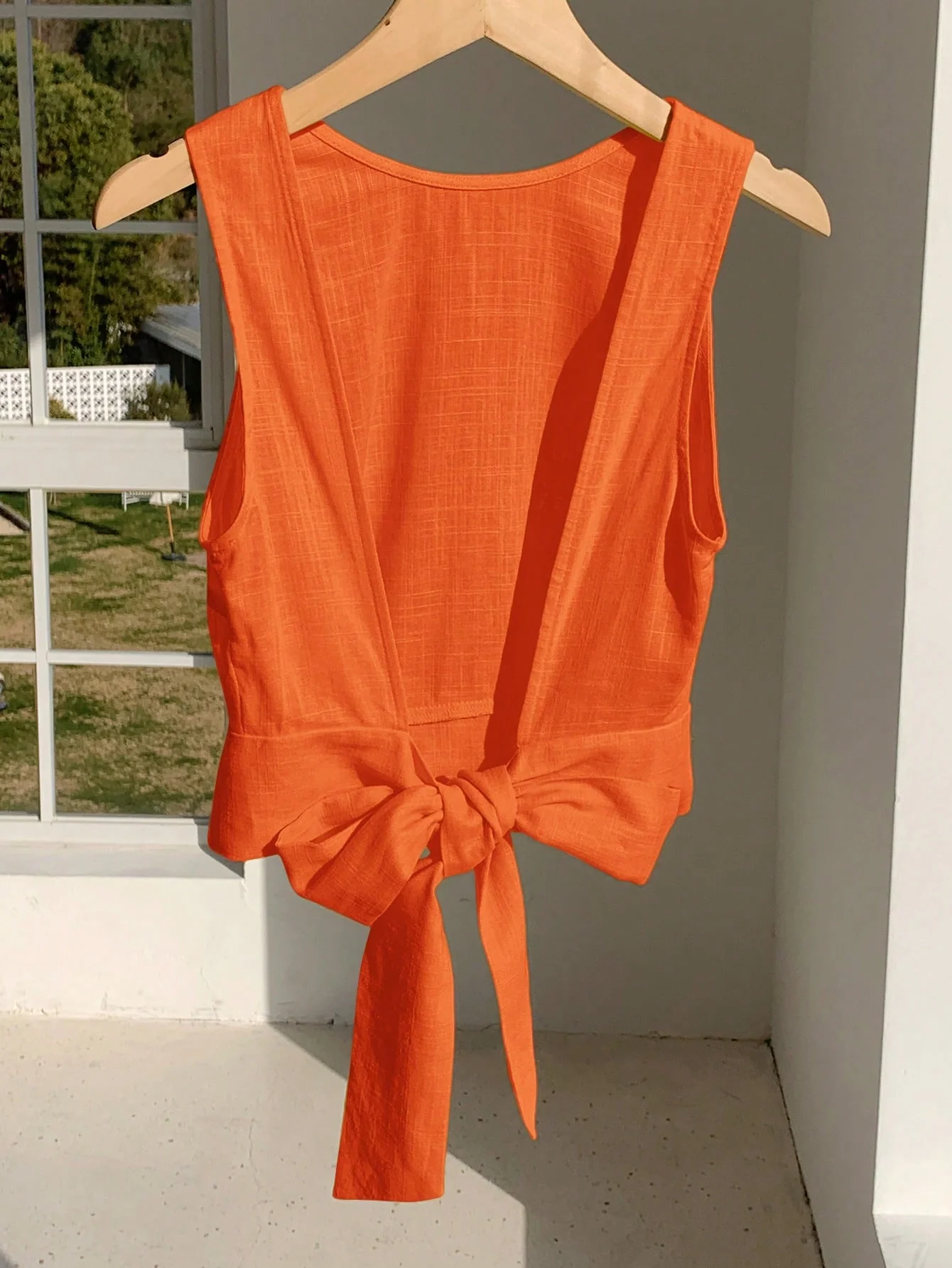 Comfortcana Summer Light Pink & Orange Women's Linen Backless Tie Casual Vacation Tank Top - Image 6