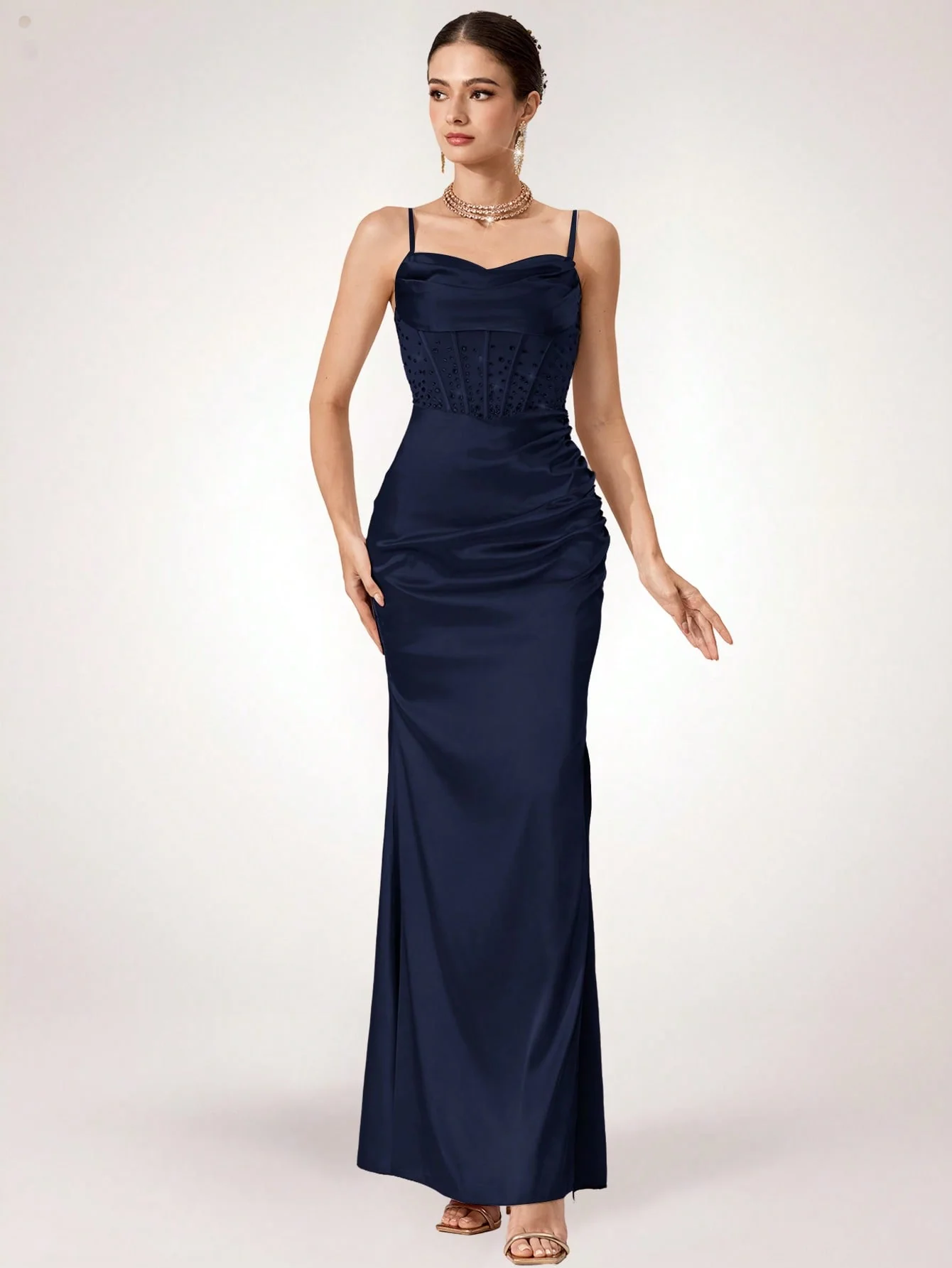 Coutiva Women's Sleeveless Rhinestone Mesh Long Evening Gown - Image 3