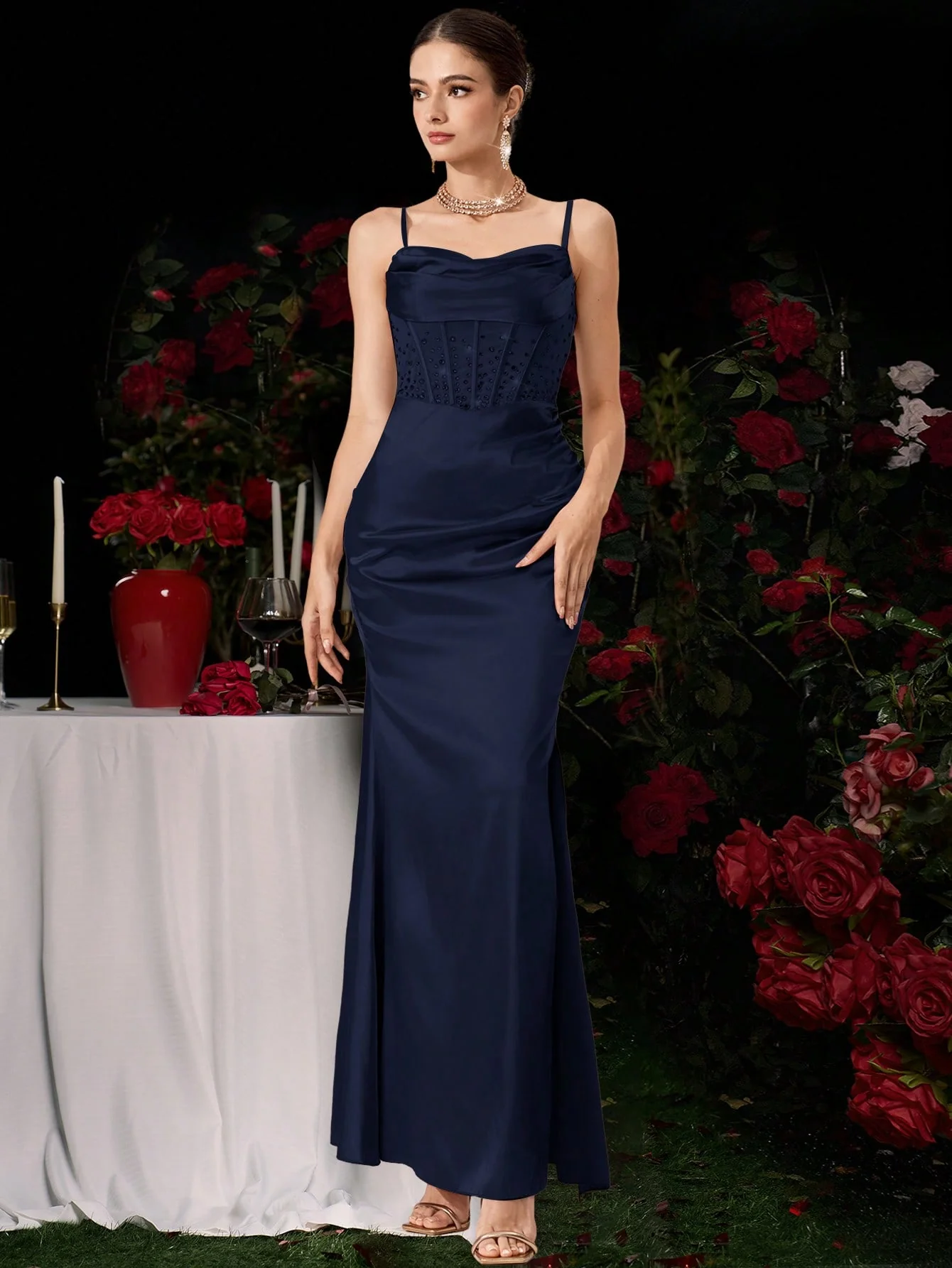 Coutiva Women's Sleeveless Rhinestone Mesh Long Evening Gown - Image 4