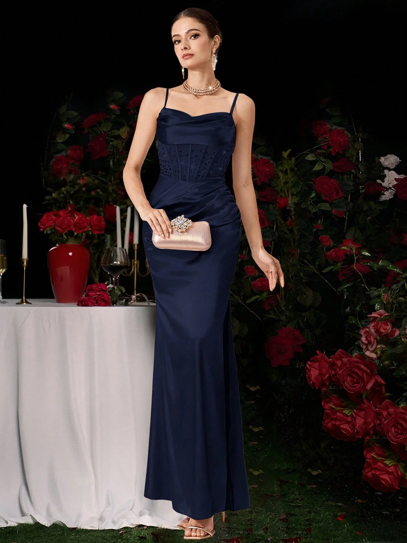 Coutiva Women's Sleeveless Rhinestone Mesh Long Evening Gown - Image 6