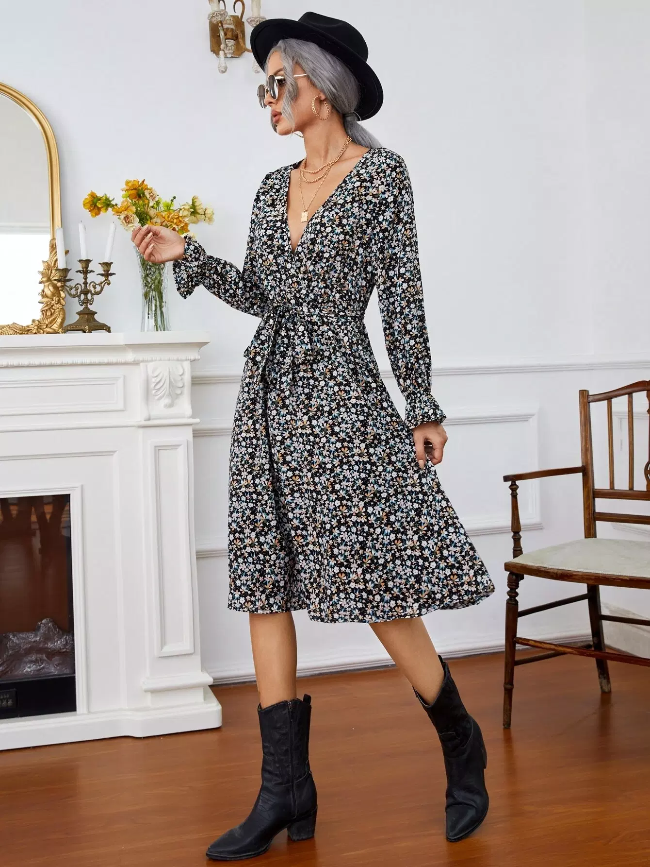 Ditsy Floral Flounce Sleeve A-line Dress Without Belt - Image 3