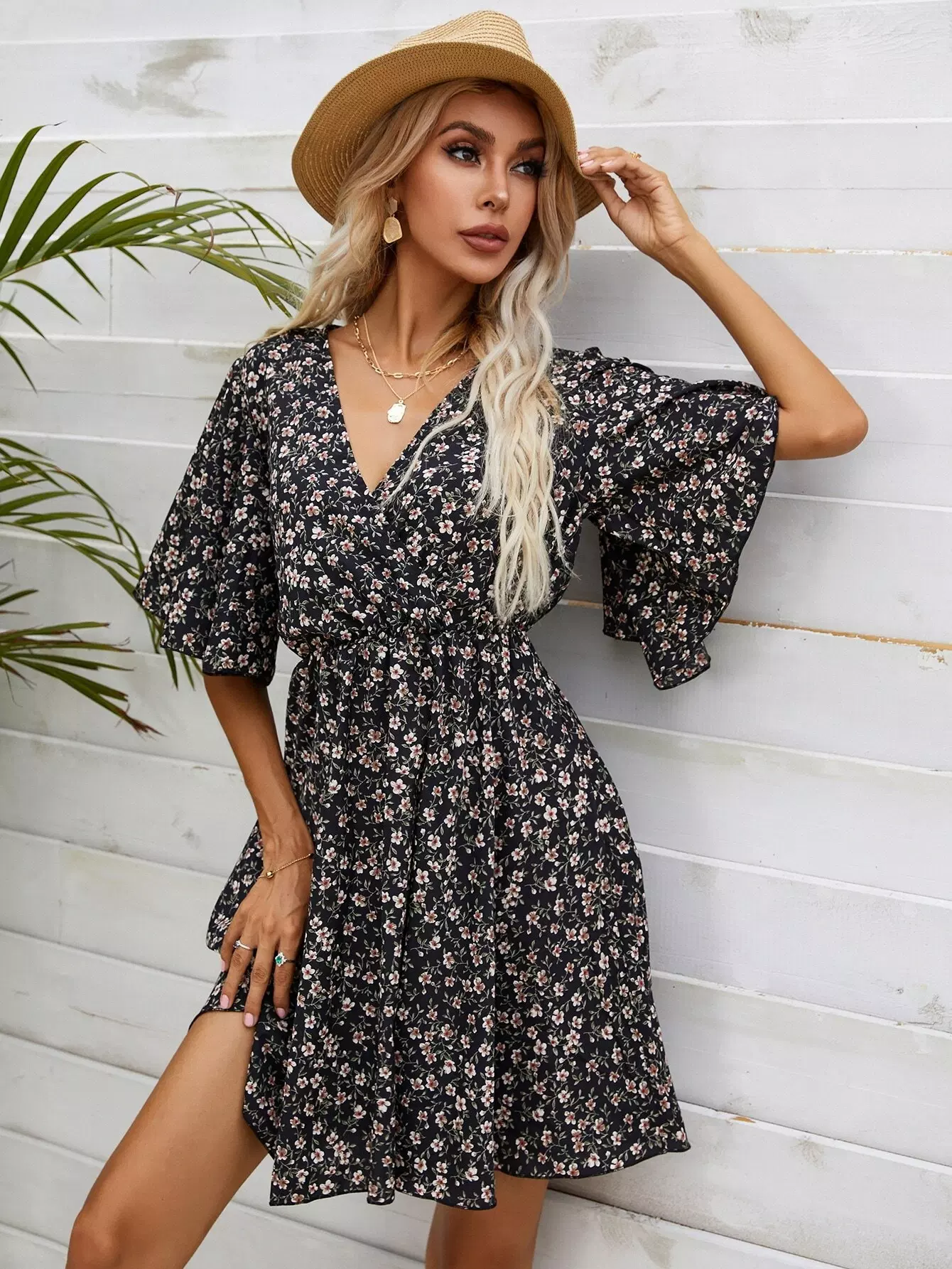 Ditsy Floral Surplice Front Dress - Image 4