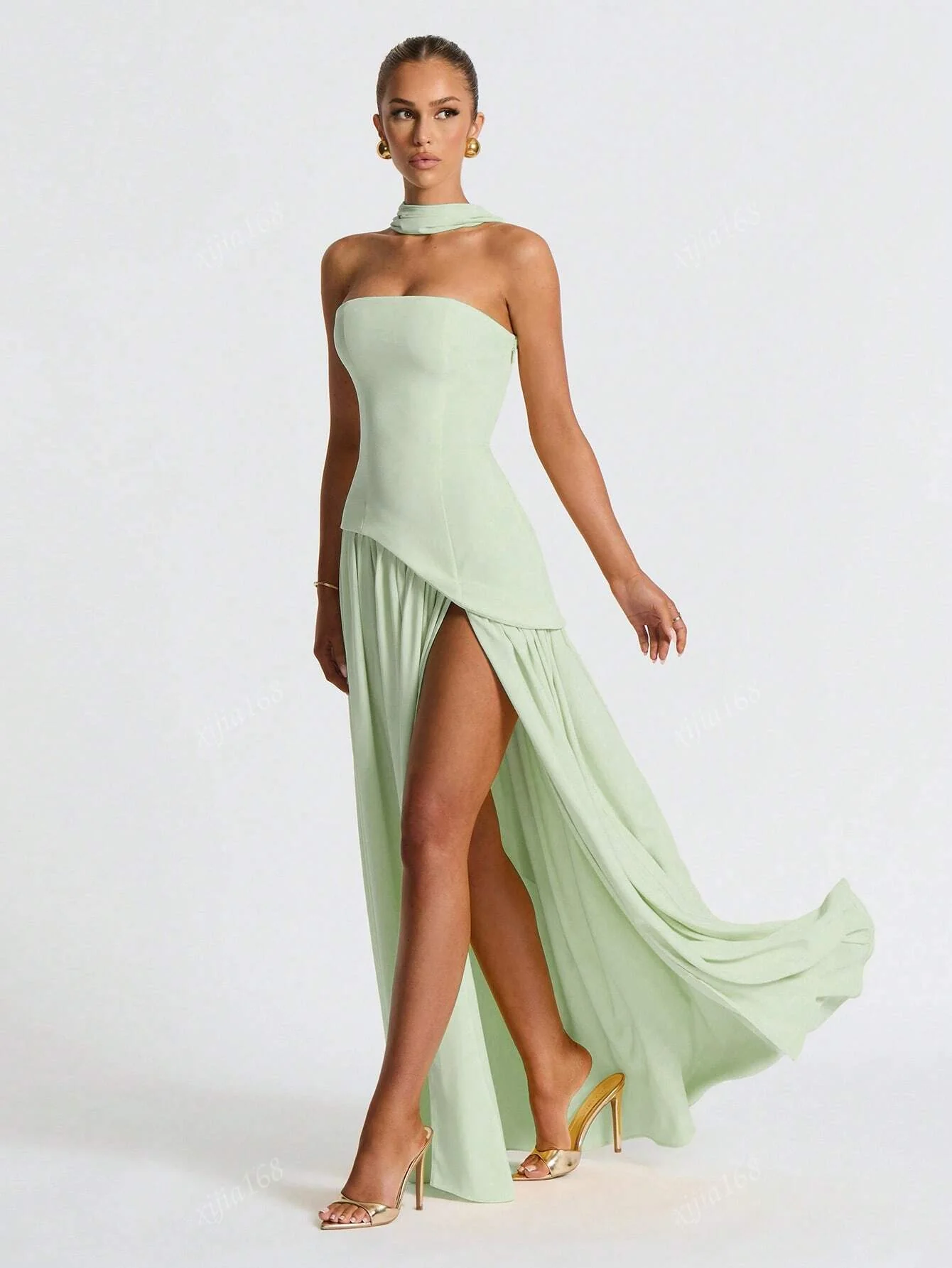 Elegant Sexy Strapless High Slit Flowy Evening Dress - Image 4
