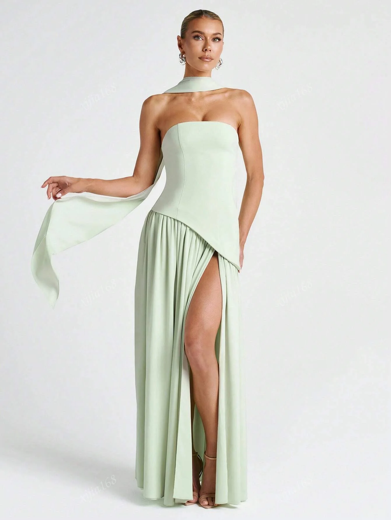 Elegant Sexy Strapless High Slit Flowy Evening Dress - Image 8