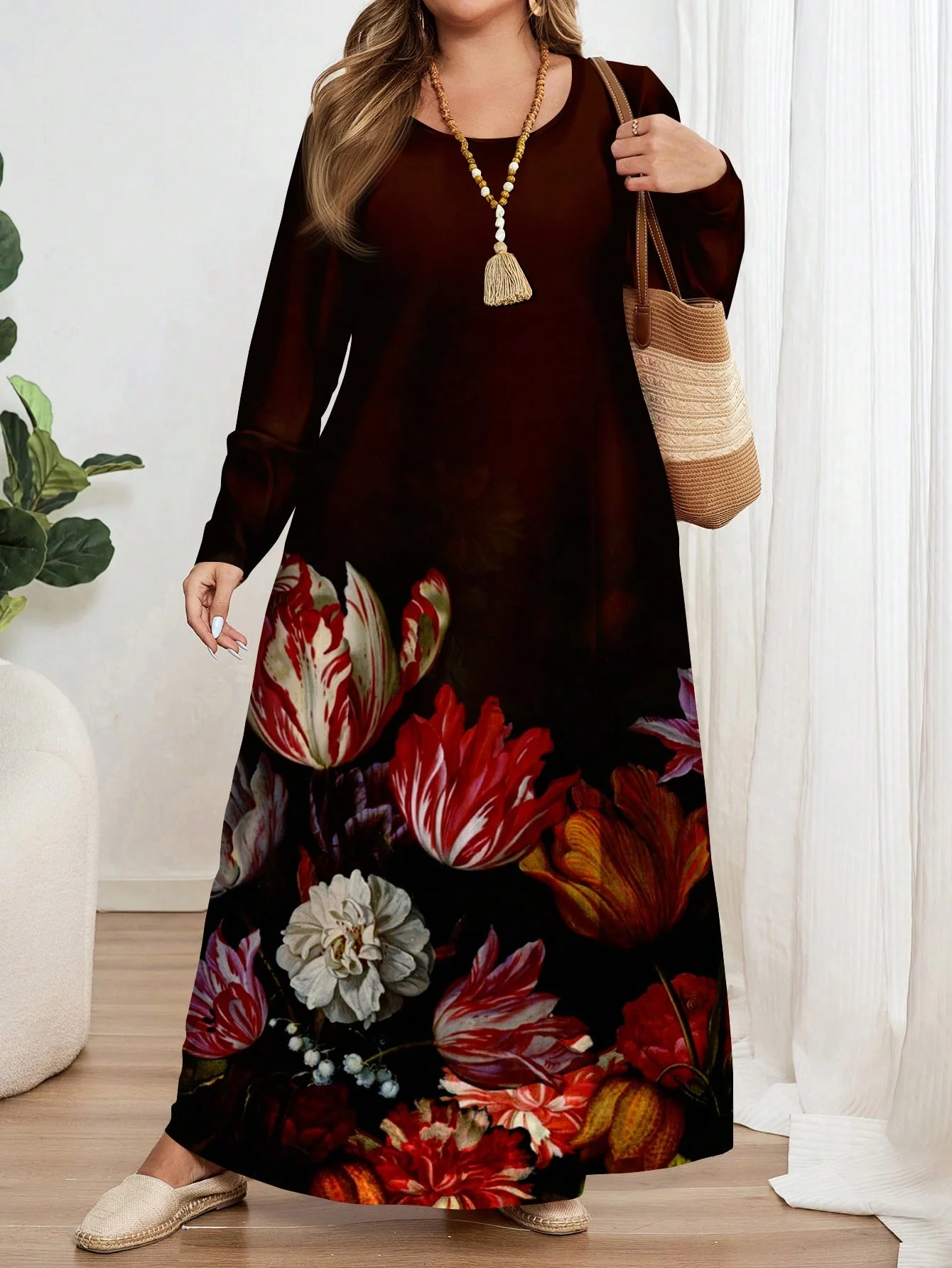 EMERY ROSE Plus Size Loose Long Sleeve Botanical Print Round Neck Dress - Image 3