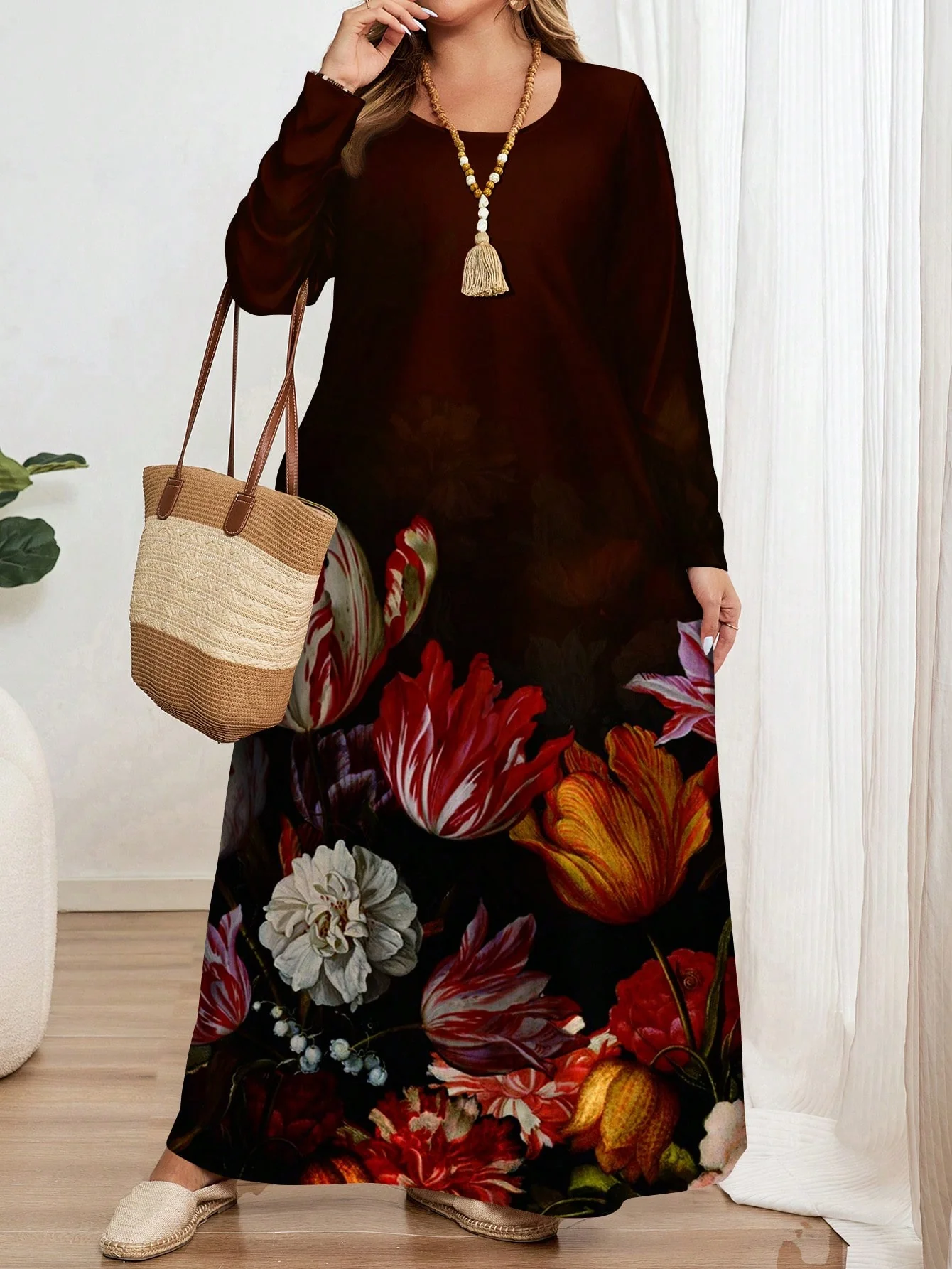 EMERY ROSE Plus Size Loose Long Sleeve Botanical Print Round Neck Dress - Image 4