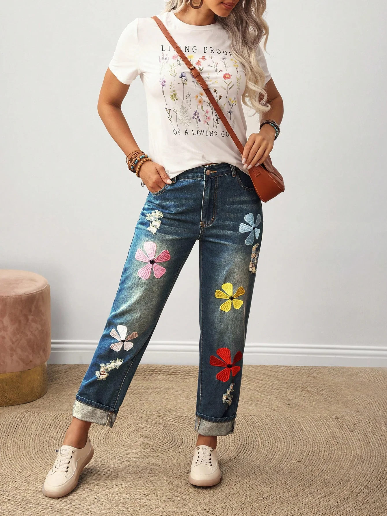 EMERY ROSE Women Floral Embroidery Ripped Pocket Straight Leg Casual Jeans - Image 3