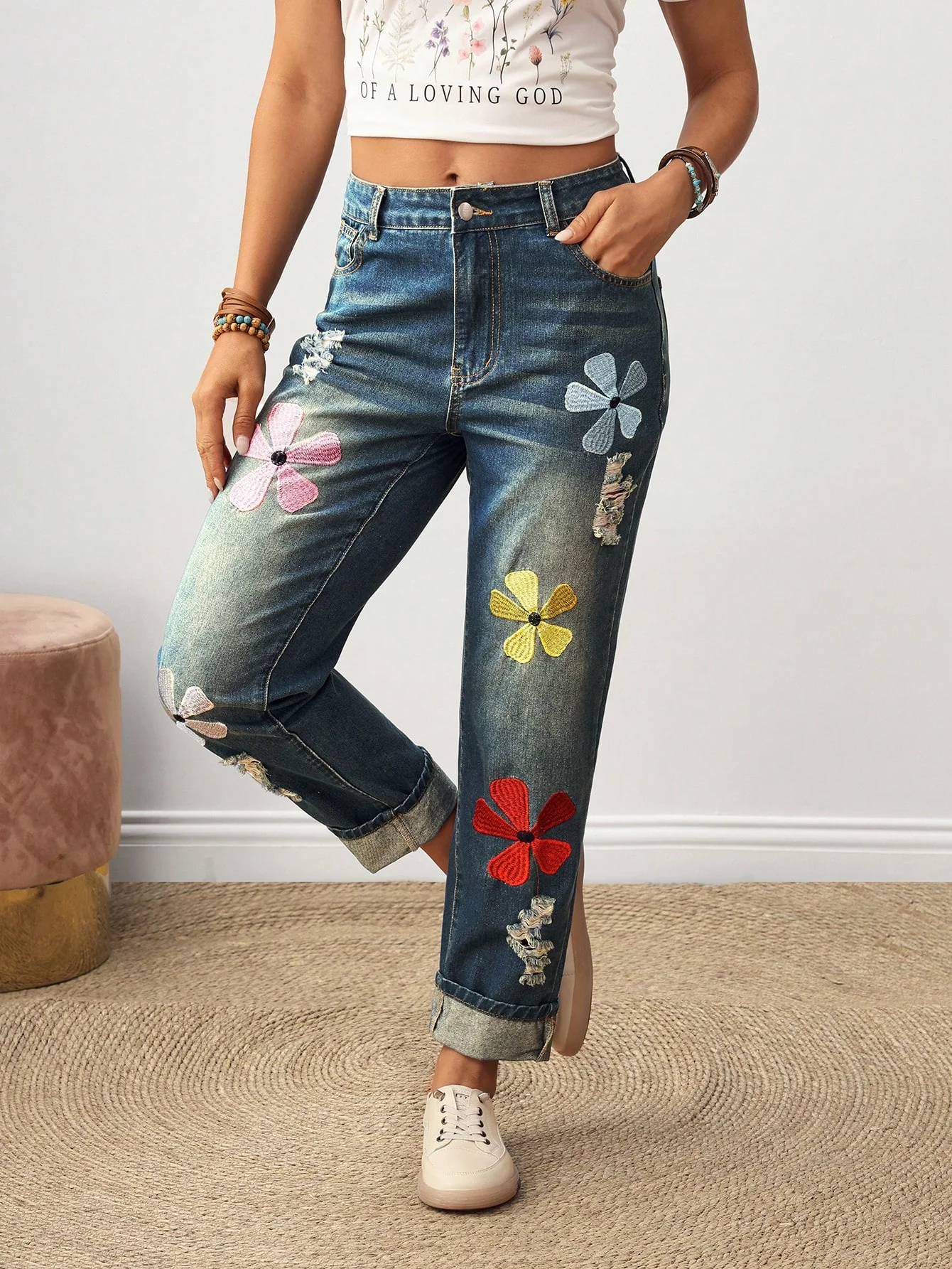 EMERY ROSE Women Floral Embroidery Ripped Pocket Straight Leg Casual Jeans - Image 4