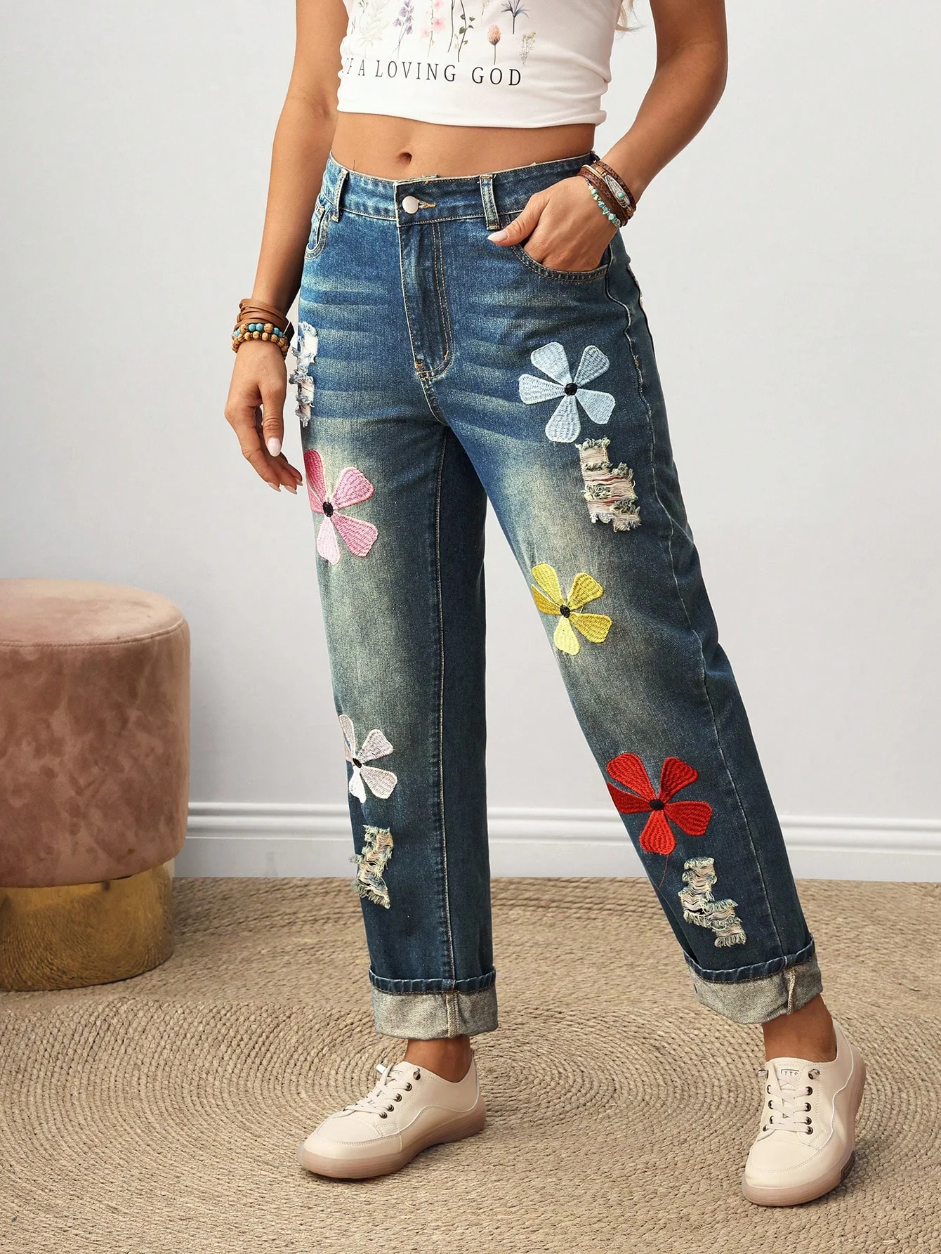 EMERY ROSE Women Floral Embroidery Ripped Pocket Straight Leg Casual Jeans - Image 5