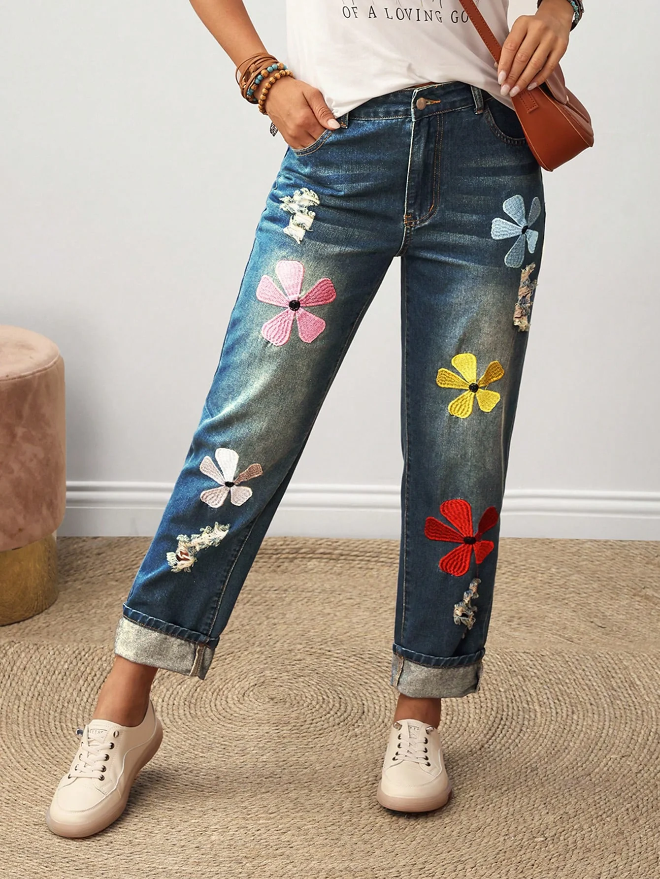 EMERY ROSE Women Floral Embroidery Ripped Pocket Straight Leg Casual Jeans - Image 6