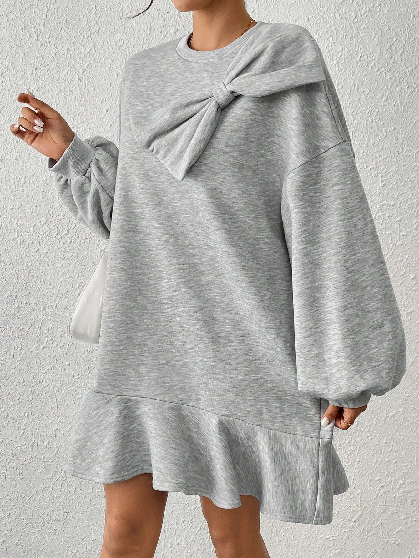 Essnce Women's Gray Loose Casual Sweatshirt Dress, Oversized Three-Dimensional Bow Decoration, Loose - Image 3