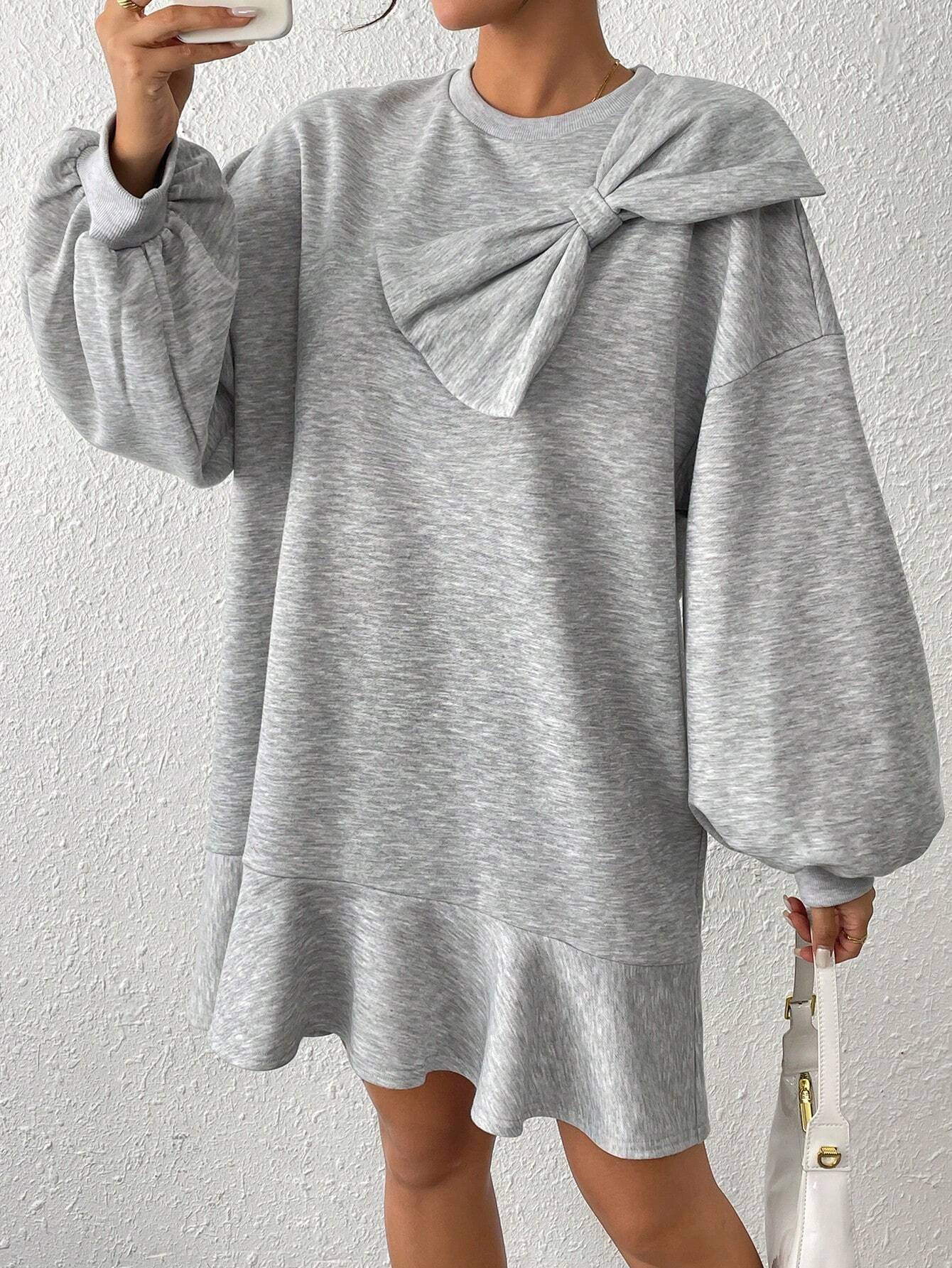 Essnce Women's Gray Loose Casual Sweatshirt Dress, Oversized Three-Dimensional Bow Decoration, Loose - Image 5
