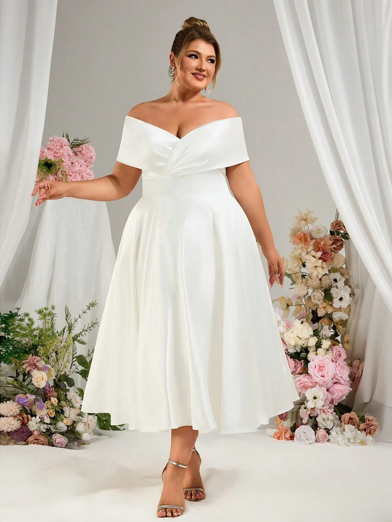 EVERLYL Everly L Plus Size Elegant Cold Shoulder Wedding Dress White Elegant Gorgeous Satin Large A Hem Suitable For Weddings - Image 3