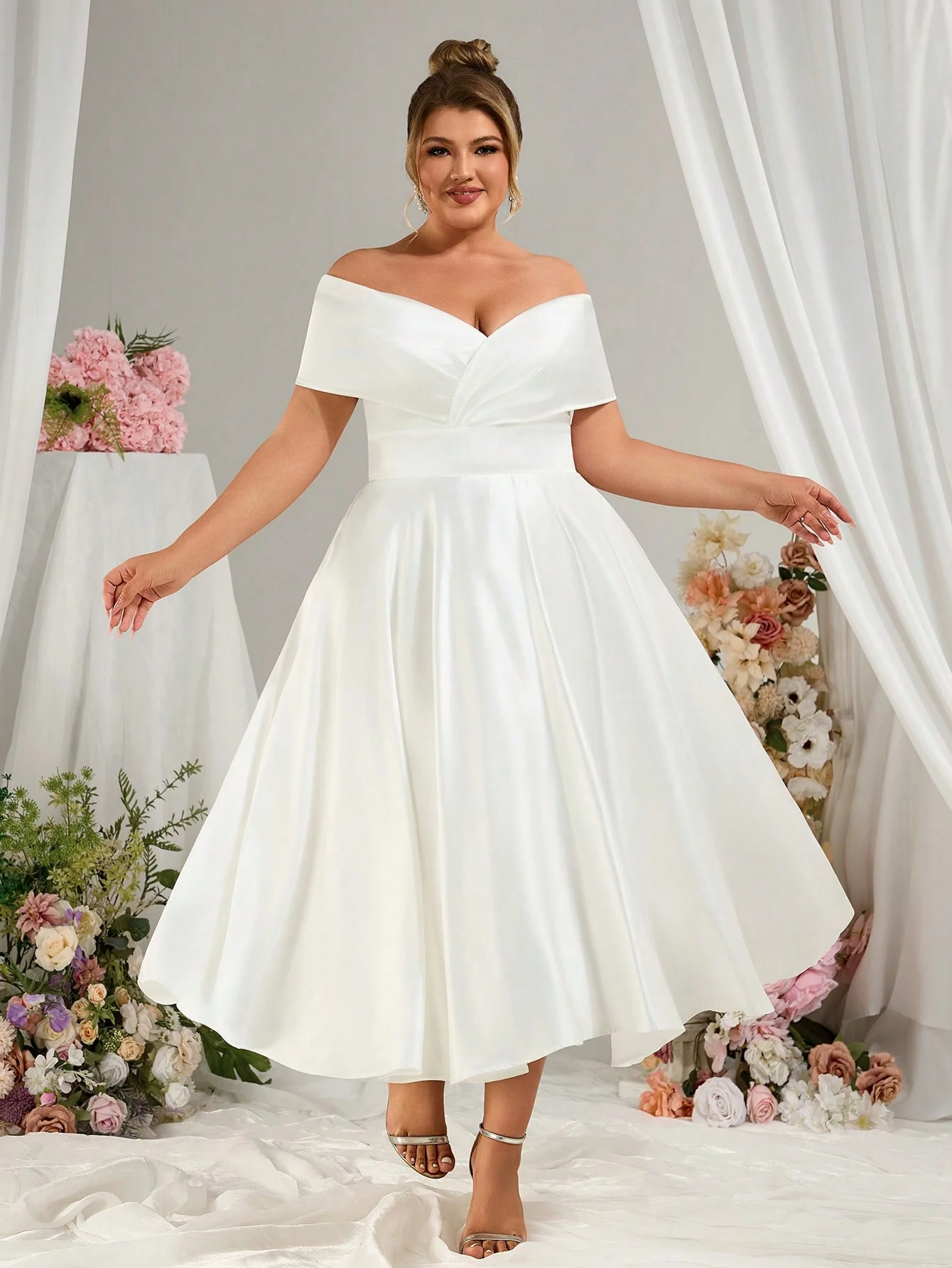 EVERLYL Everly L Plus Size Elegant Cold Shoulder Wedding Dress White Elegant Gorgeous Satin Large A Hem Suitable For Weddings - Image 4