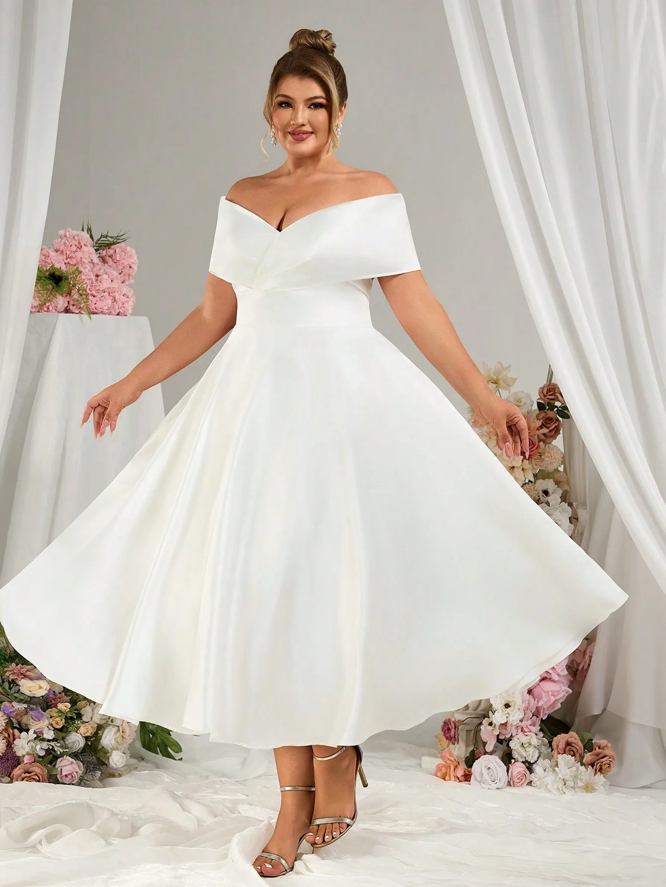 EVERLYL Everly L Plus Size Elegant Cold Shoulder Wedding Dress White Elegant Gorgeous Satin Large A Hem Suitable For Weddings - Image 6