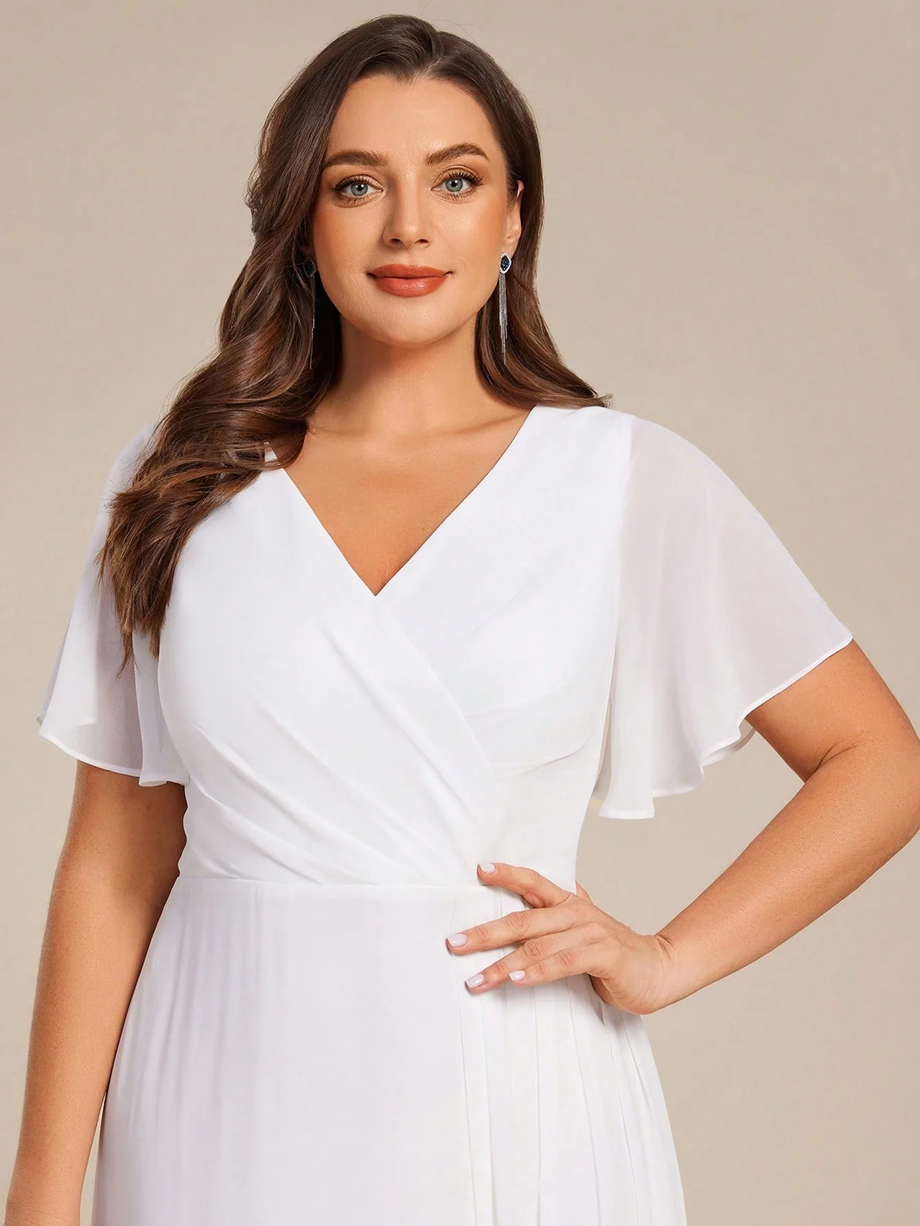 EVERPRETTY Plus Chiffon Ruched Bust Thigh Slit Spring Party Dress Wedding Dress For Bride Bridal Shower - Image 5