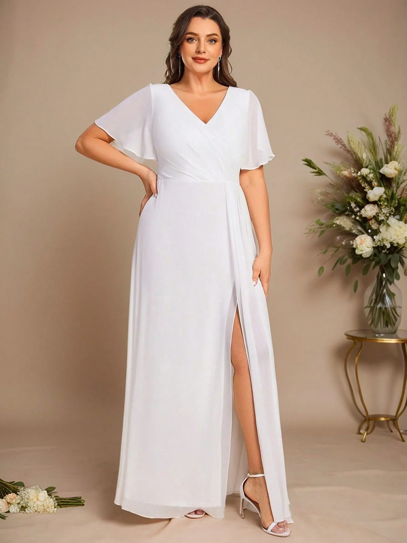 EVERPRETTY Plus Chiffon Ruched Bust Thigh Slit Spring Party Dress Wedding Dress For Bride Bridal Shower - Image 6