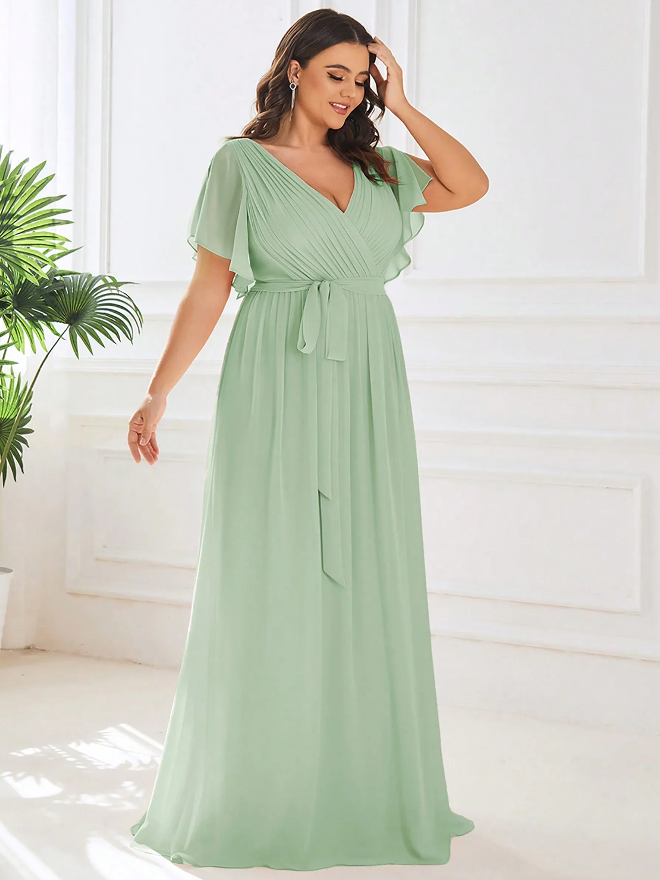 EVERPRETTY Plus Elegant V Neck Pleated Ruffle Sleeves Floor Length Fall Winter Green Wedding Guest Dresses - Image 3