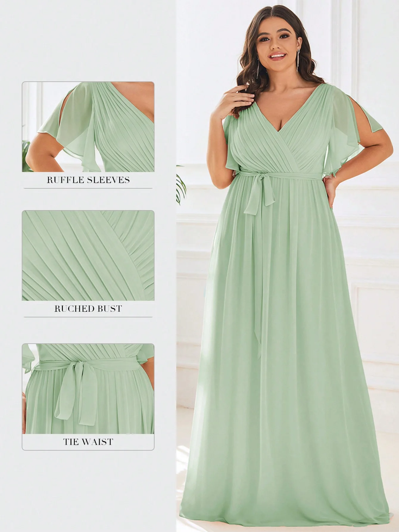 EVERPRETTY Plus Elegant V Neck Pleated Ruffle Sleeves Floor Length Fall Winter Green Wedding Guest Dresses - Image 4