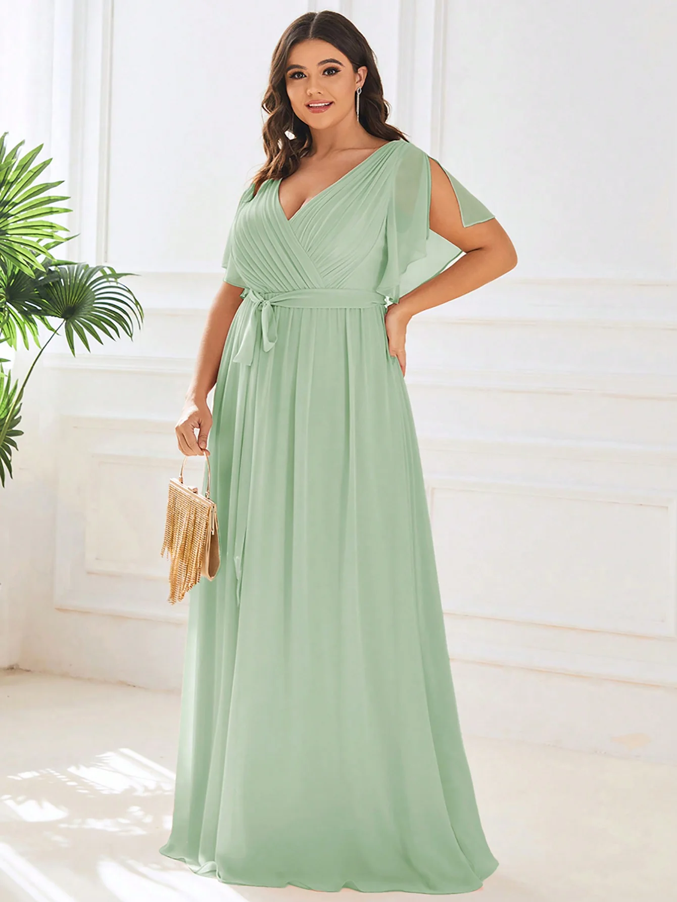 EVERPRETTY Plus Elegant V Neck Pleated Ruffle Sleeves Floor Length Fall Winter Green Wedding Guest Dresses - Image 5