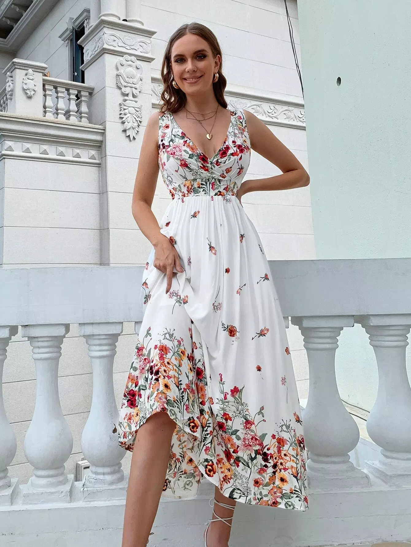 Floral Print Surplice Neck Dress - Image 3