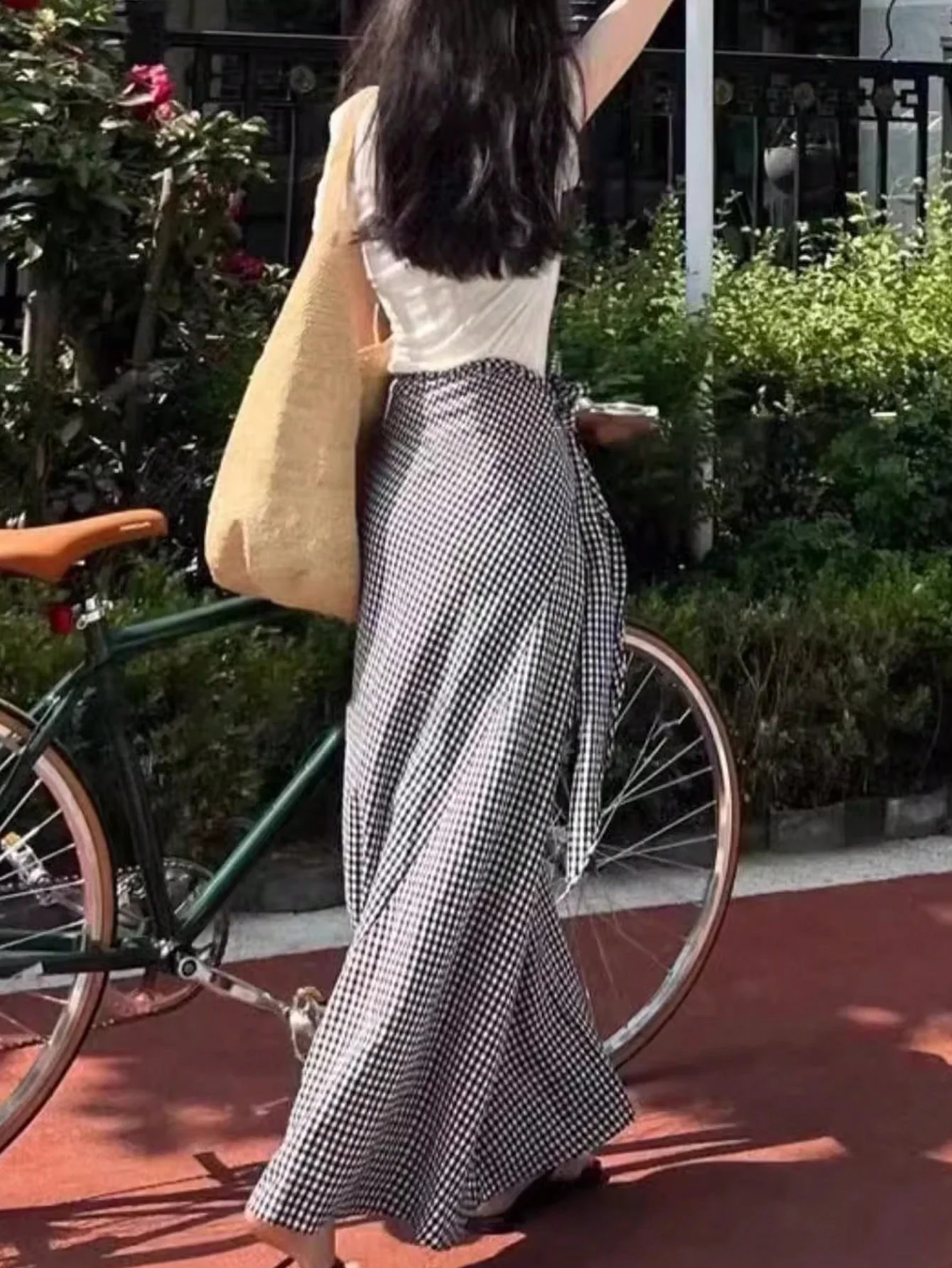 FRIFUL Women Plaid Tie-Up Fishtail Bodycon Skirt - Image 4