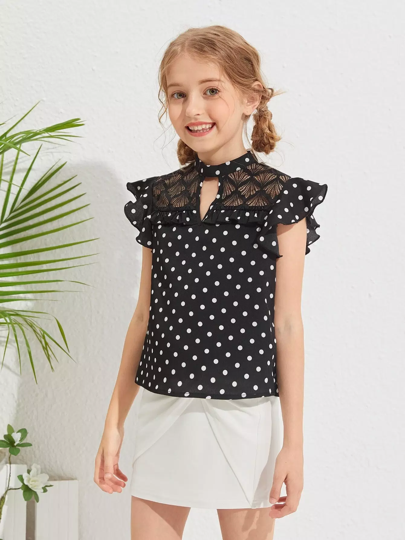 Girls Lace Insert Ruffle Armhole Polka Dot Top - Image 3