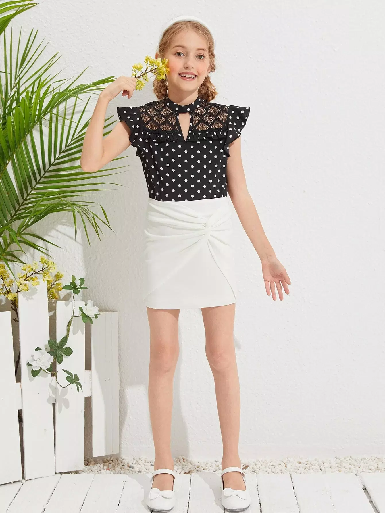 Girls Lace Insert Ruffle Armhole Polka Dot Top - Image 4