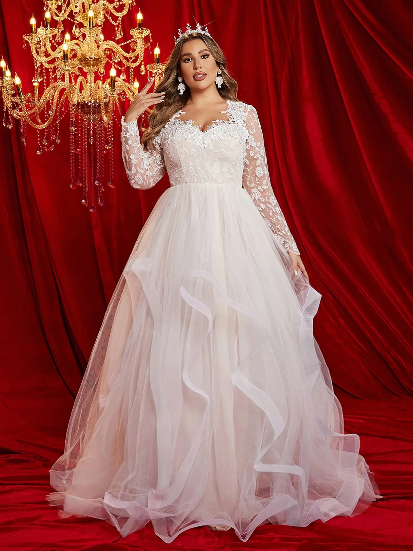 Glamrae Plus Size Long Sleeve Embroidered Mesh Ruffle High Collar Dress - Image 3