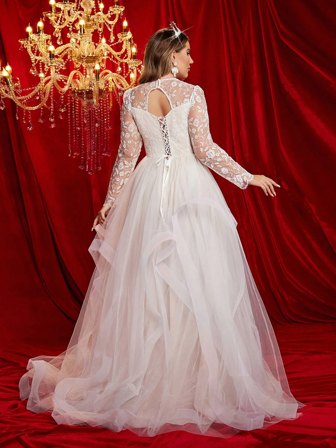 Glamrae Plus Size Long Sleeve Embroidered Mesh Ruffle High Collar Dress - Image 4