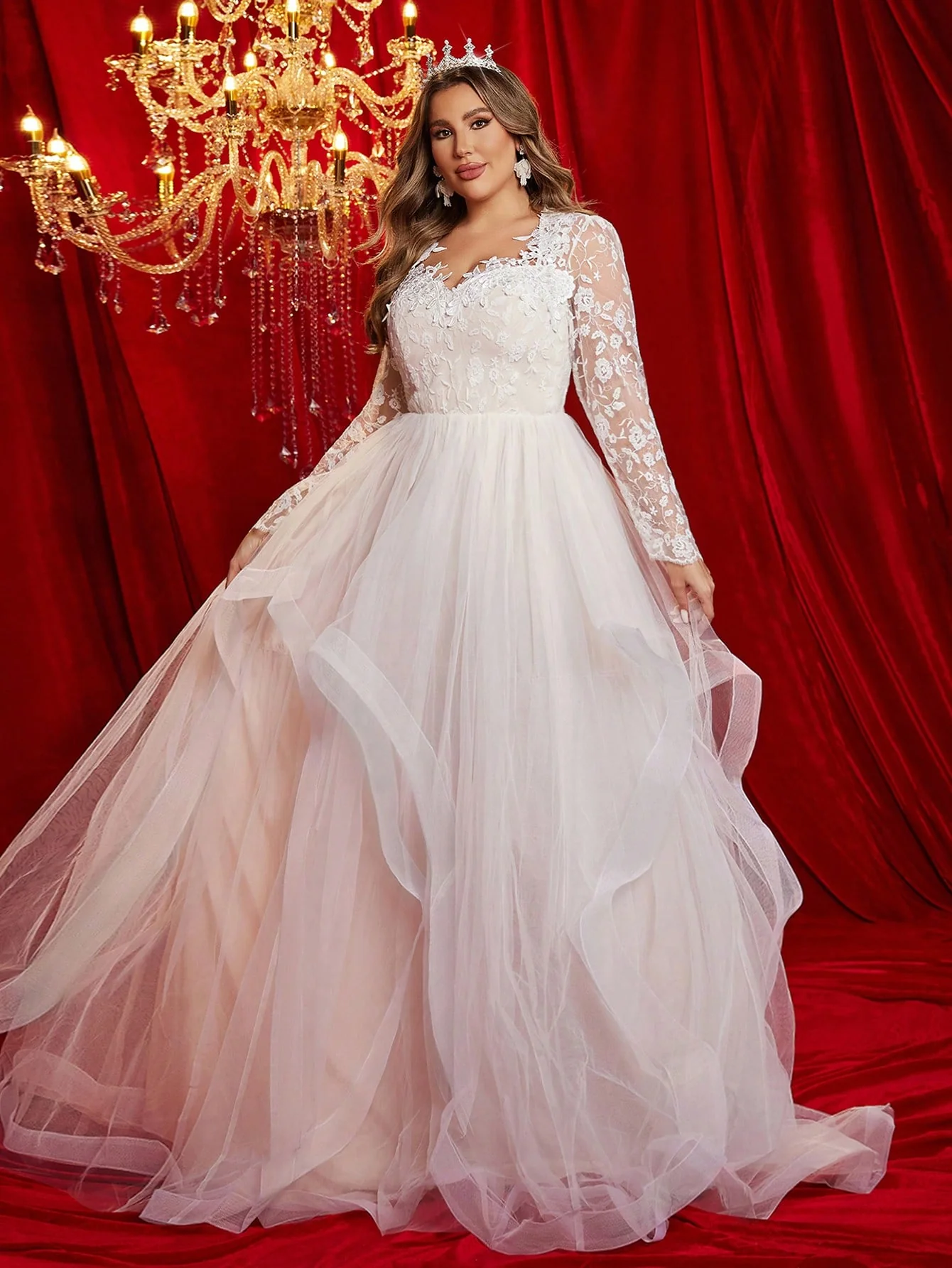 Glamrae Plus Size Long Sleeve Embroidered Mesh Ruffle High Collar Dress - Image 7