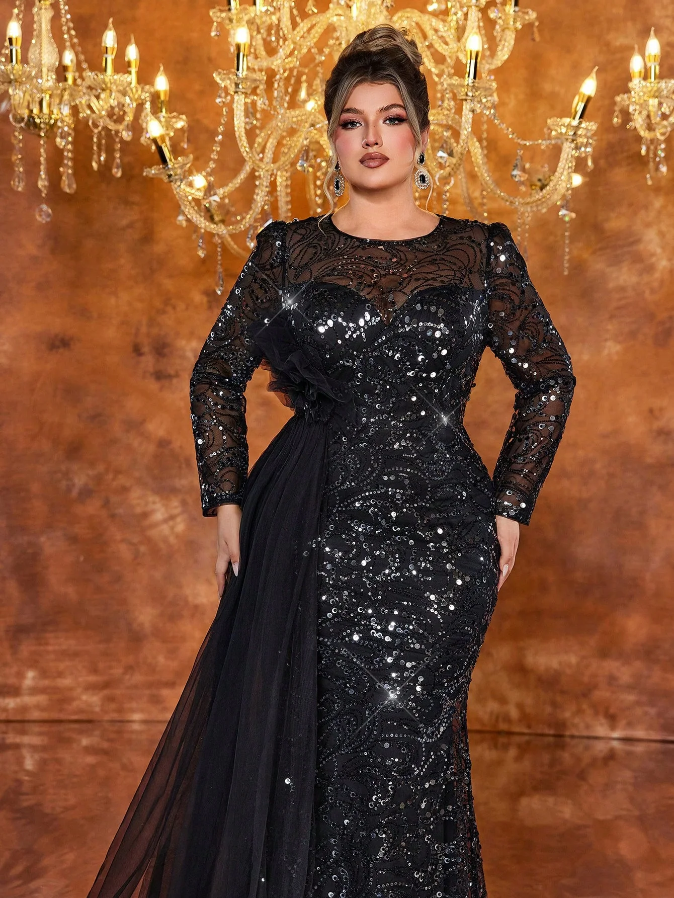 Glamrae Plus Size Women's Elegant Luxury Black Sequin Mesh See-Through Long Sleeve Waist Three-Dimensional