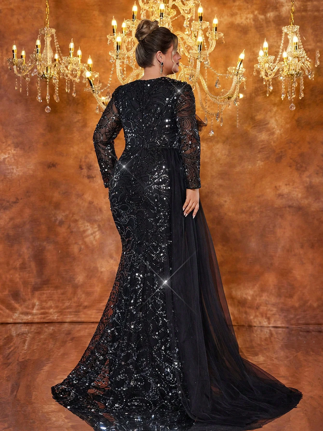 Glamrae Plus Size Women's Elegant Luxury Black Sequin Mesh See-Through Long Sleeve Waist Three-Dimensional - Image 2
