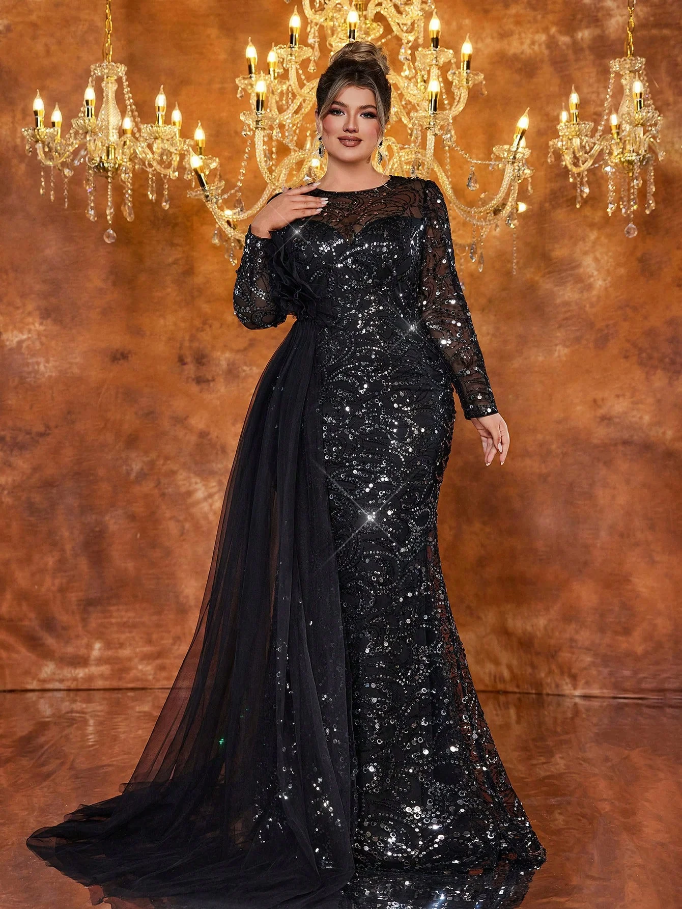 Glamrae Plus Size Women's Elegant Luxury Black Sequin Mesh See-Through Long Sleeve Waist Three-Dimensional - Image 3