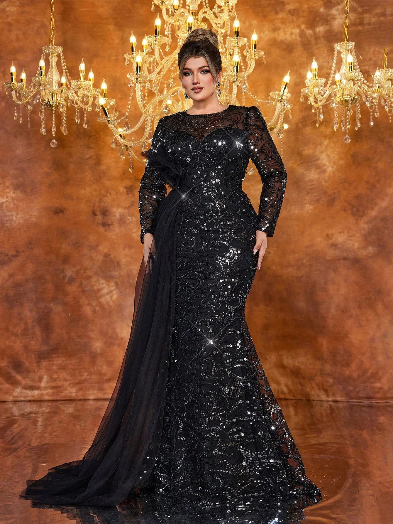 Glamrae Plus Size Women's Elegant Luxury Black Sequin Mesh See-Through Long Sleeve Waist Three-Dimensional - Image 6