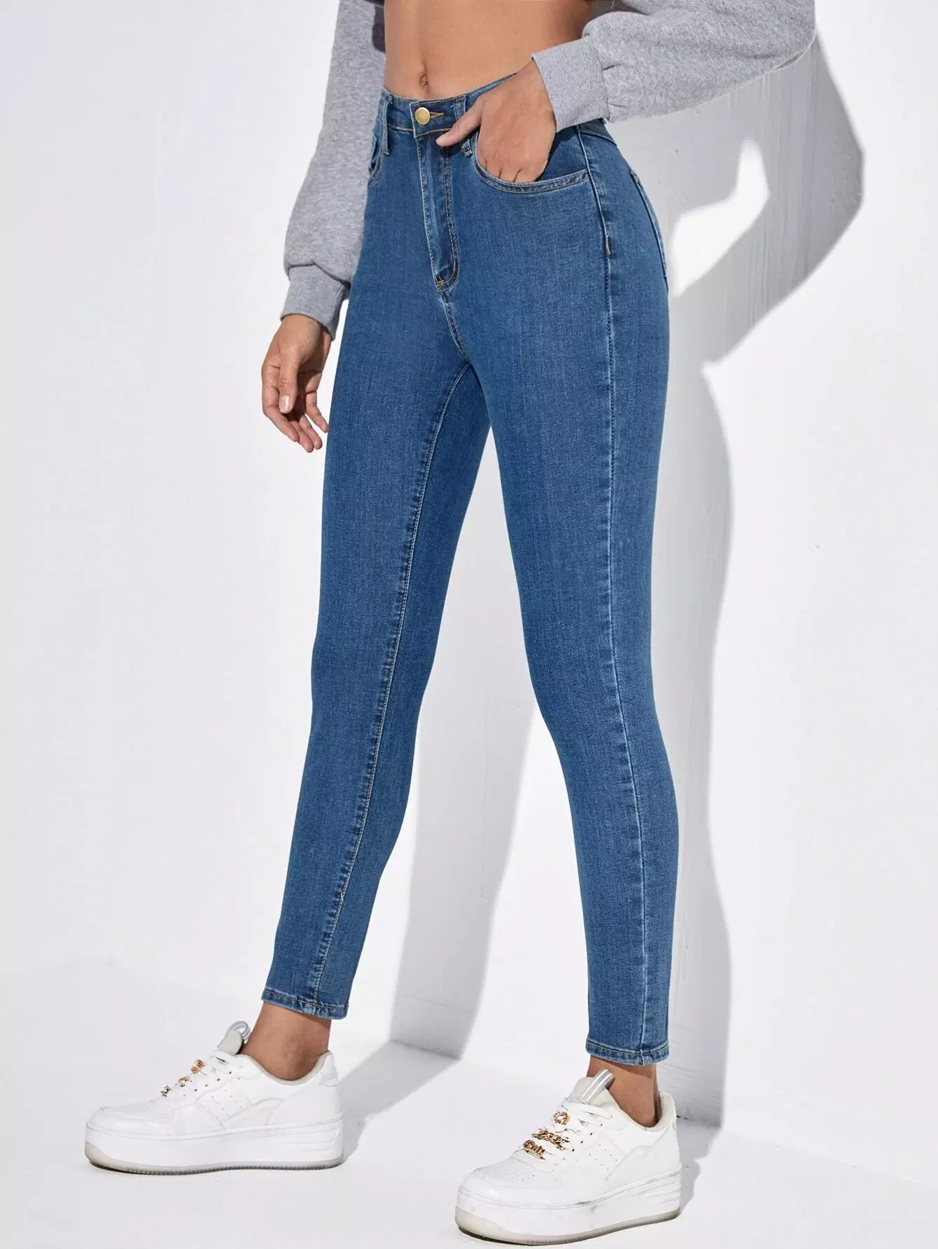High Waist Slant Pocket Skinny Jeans - Image 3